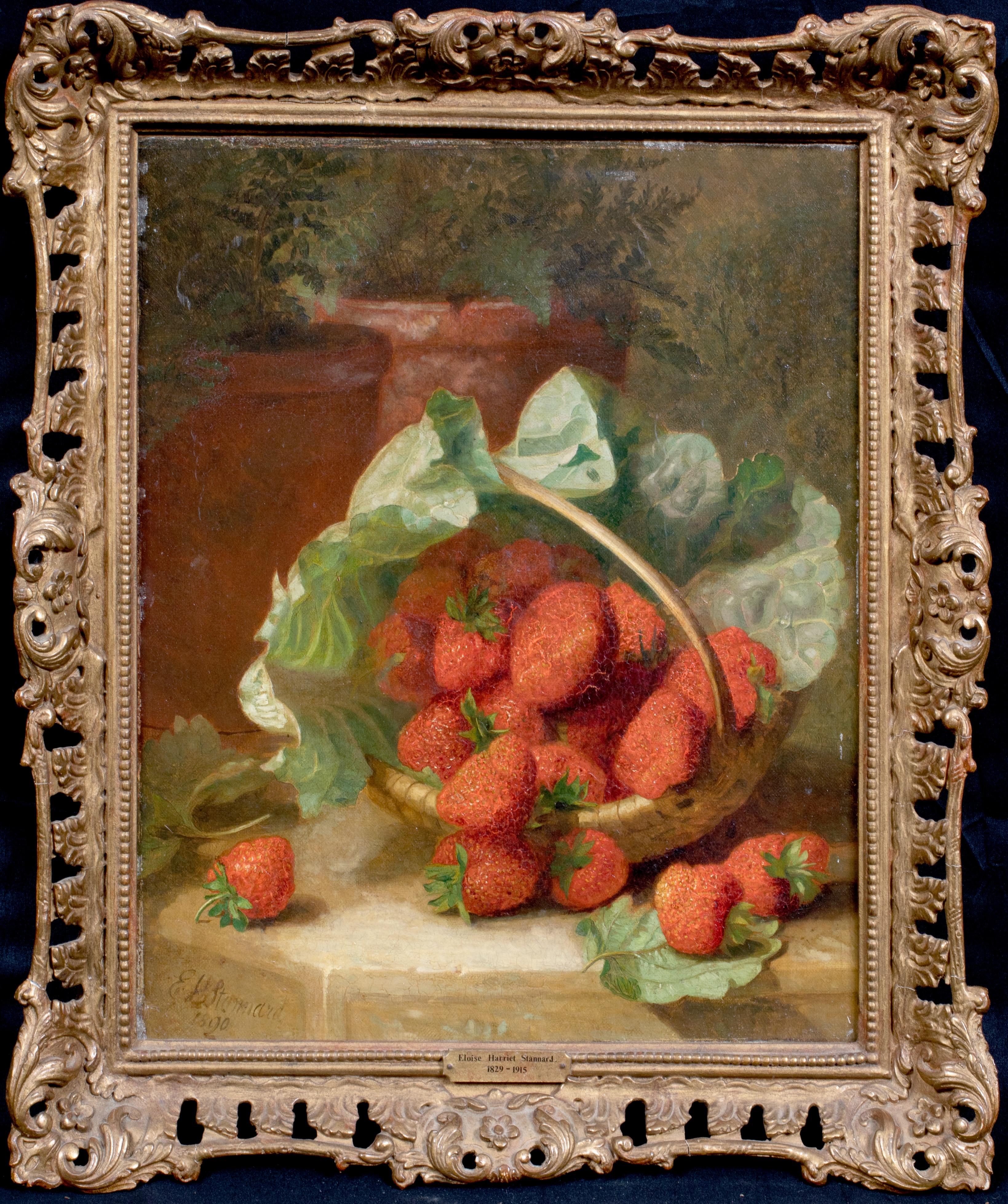 Eloise Harriet STANNARD Landscape Painting - Still life Of Strawberries With A Cabbage Leaf, 19th Century