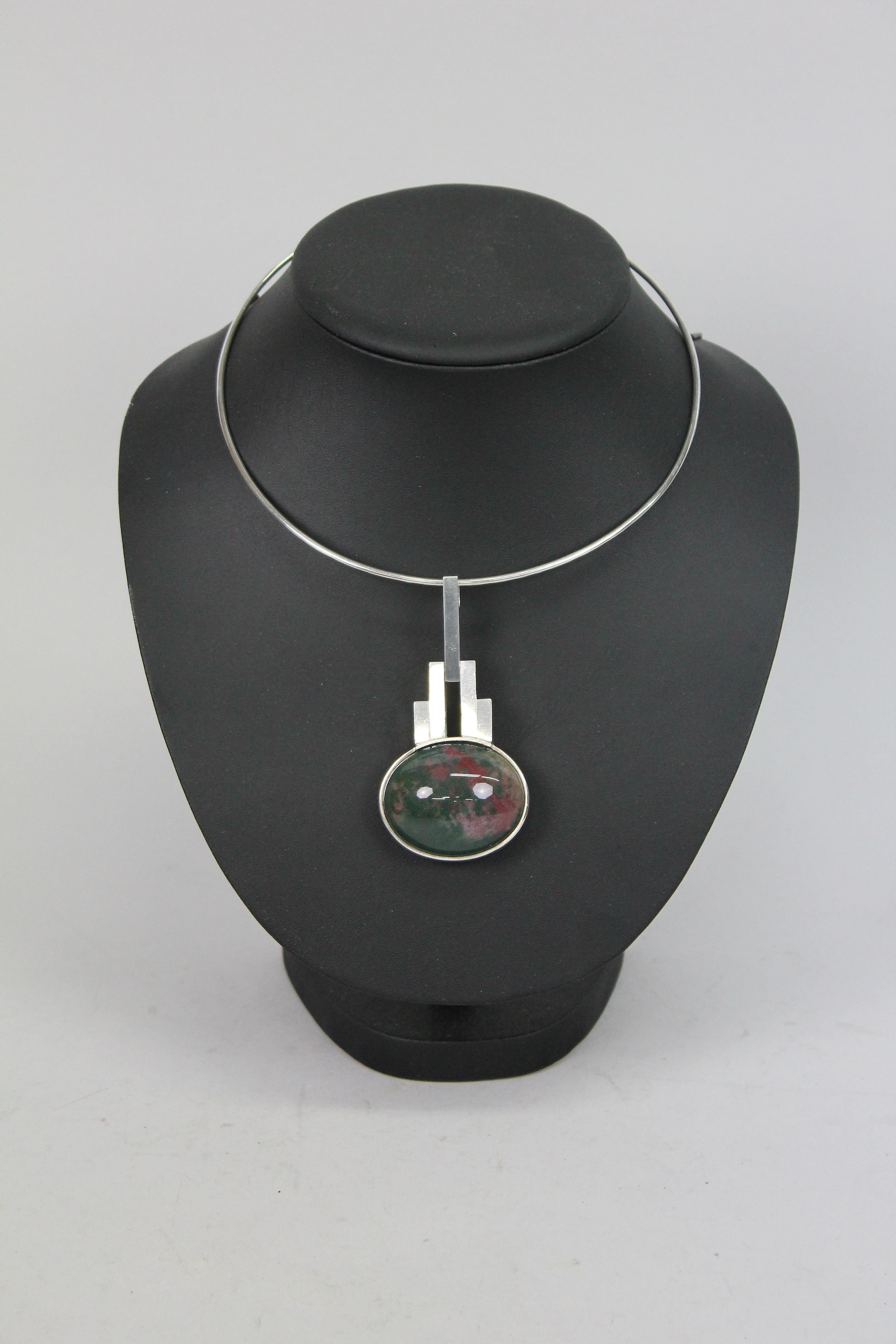 Cabochon Elon Aronhill Sweden 1967 Sterling Silver with Heliotrope / Bloodstone Pendant