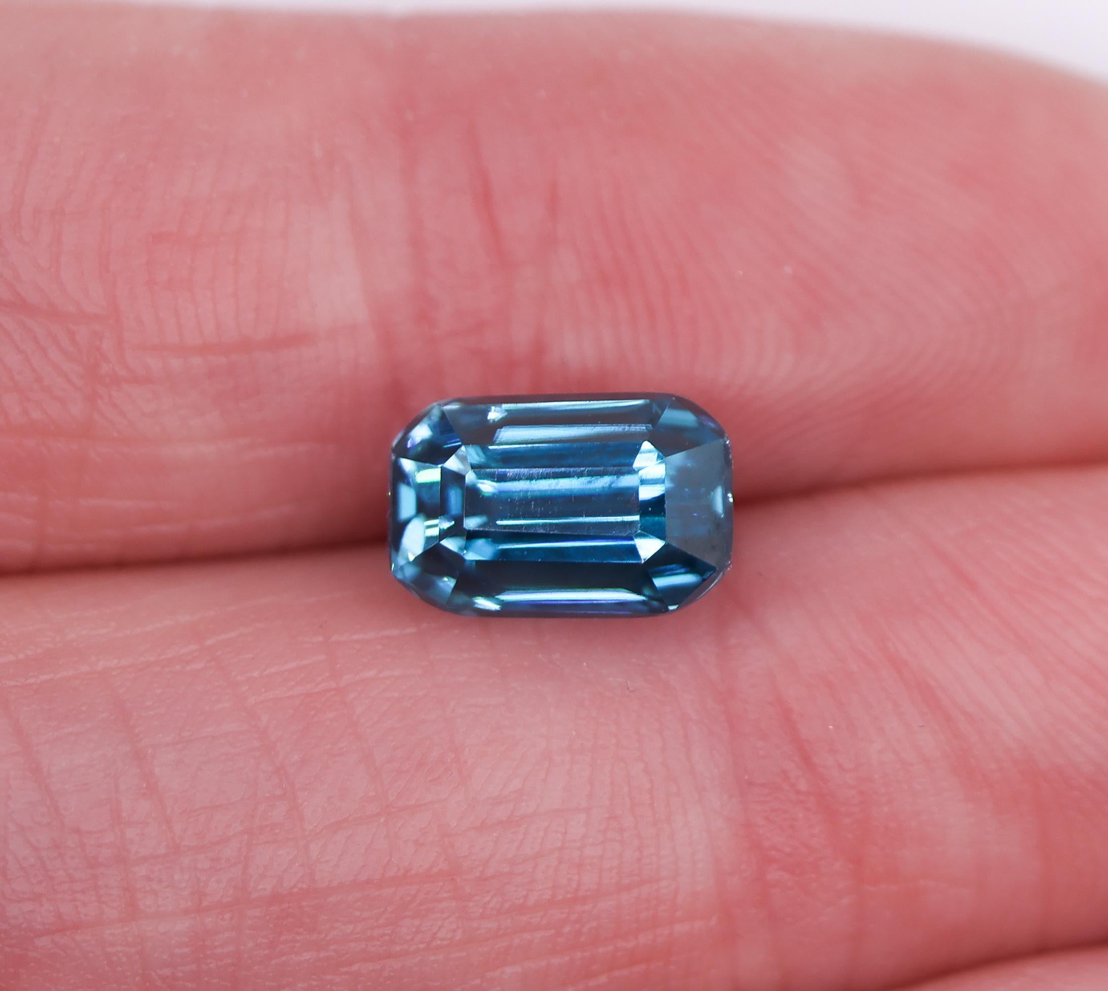 A gorgeous emerald cut blue zircon looking for it's next home. If you feel a sparkle of excitement seeing this gem and want to design a one of a kind piece of jewelry, let us know!

Cambodian Zircon is the perfect eco-friendly alternative to