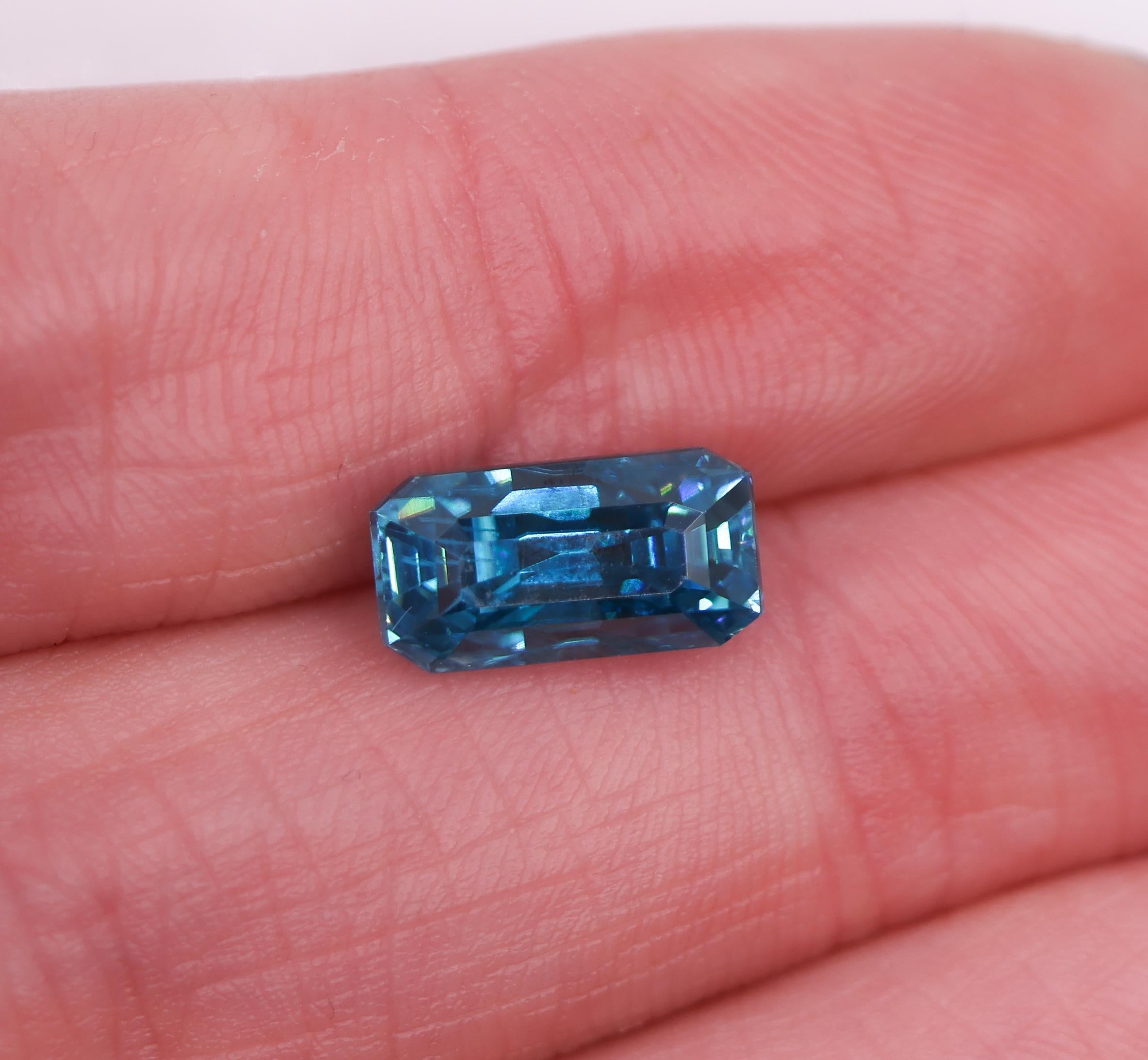 A gorgeous emerald cut blue zircon looking for it's next home. If you feel a sparkle of excitement seeing this gem and want to design a one of a kind piece of jewelry, let us know!

Cambodian Zircon is the perfect eco-friendly alternative to