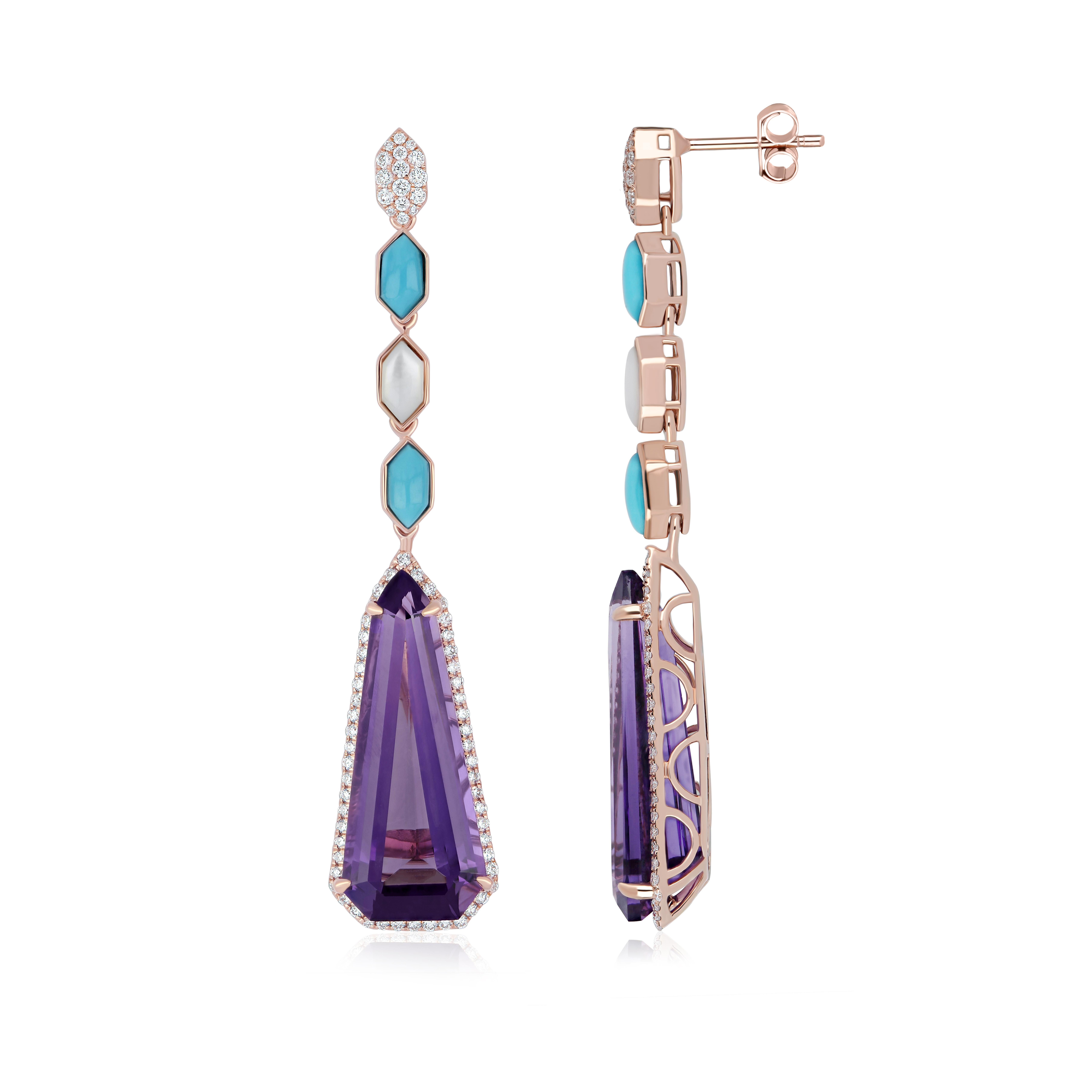 Immerse yourself in the epitome of luxury with these impeccably crafted 14-karat rose gold earrings. At the heart of each earring, a mesmerizing 19.00-carat fancy-shaped faceted cut amethyst dazzles, framed by a halo of micro-pave diamonds weighing