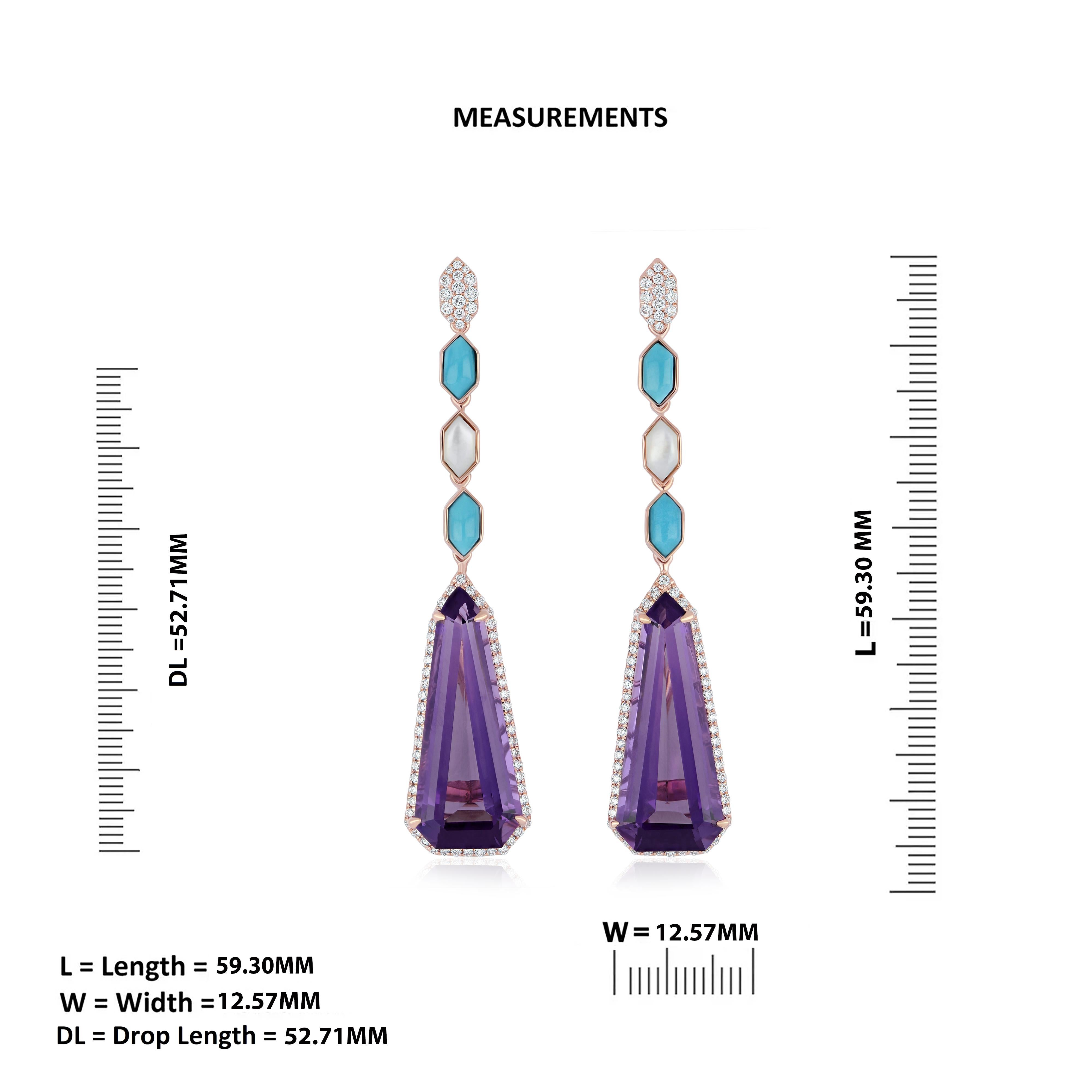 Elongated Amethyst, Turquoise, MOP and Diamond Studded Earrings in 14K Rose Gold In New Condition For Sale In JAIPUR, IN