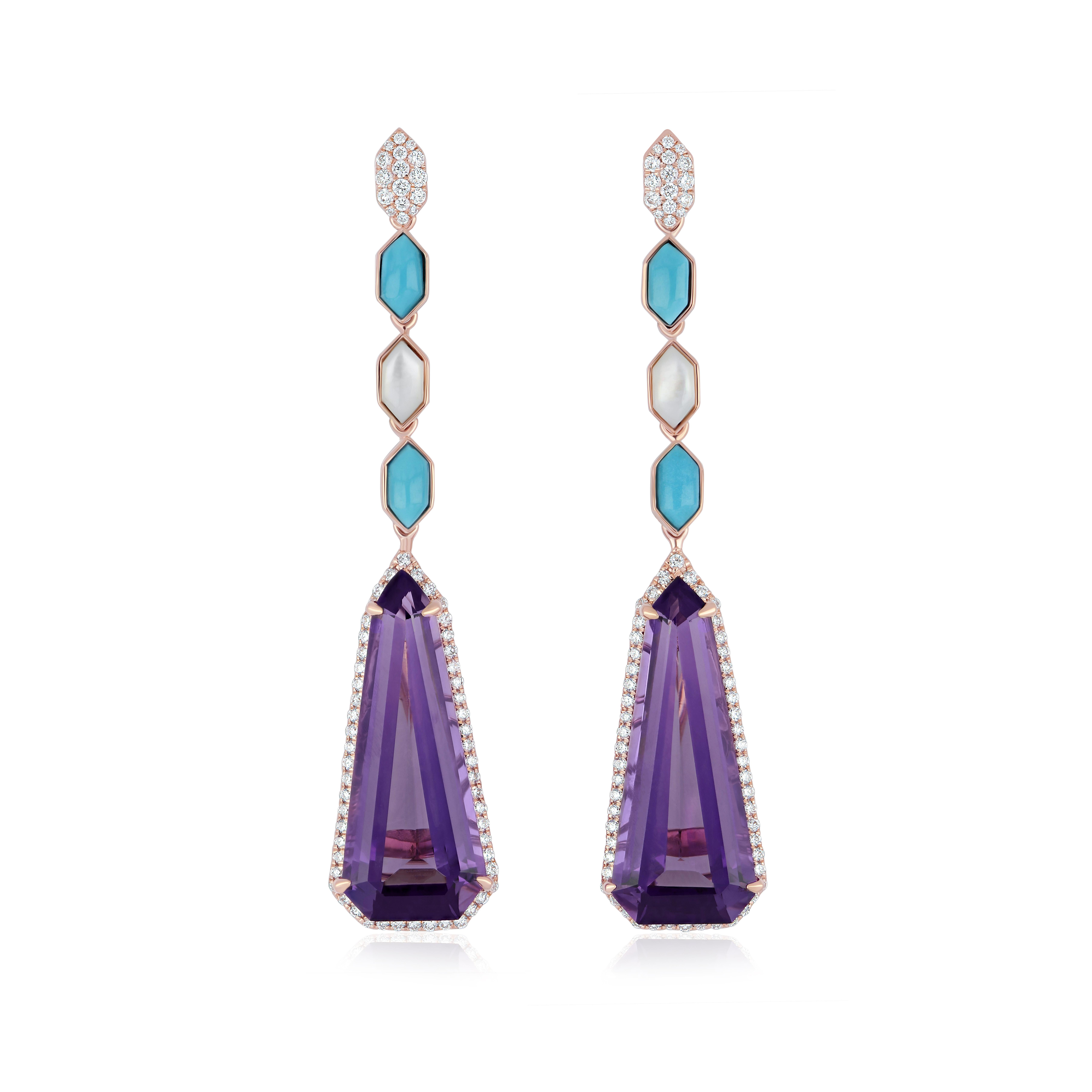 Women's Elongated Amethyst, Turquoise, MOP and Diamond Studded Earrings in 14K Rose Gold For Sale