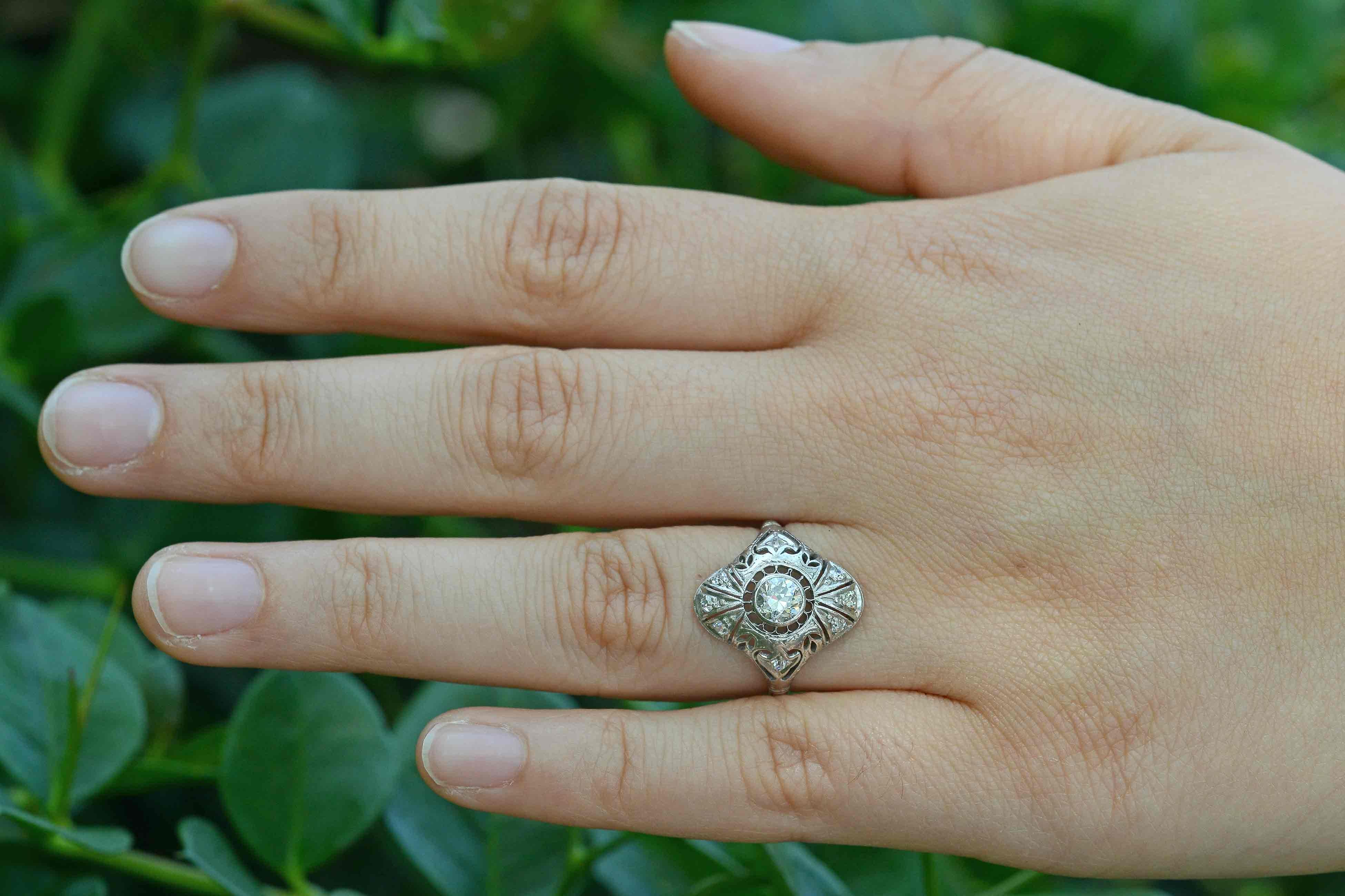 The Los Feliz vintage engagement ring. You will feel so elegant wearing this classic antique filigree ring. From it's captivating setting, set with a chunky, faceted old European diamond, the sexy, navette shape elongates the finger. Sitting low on
