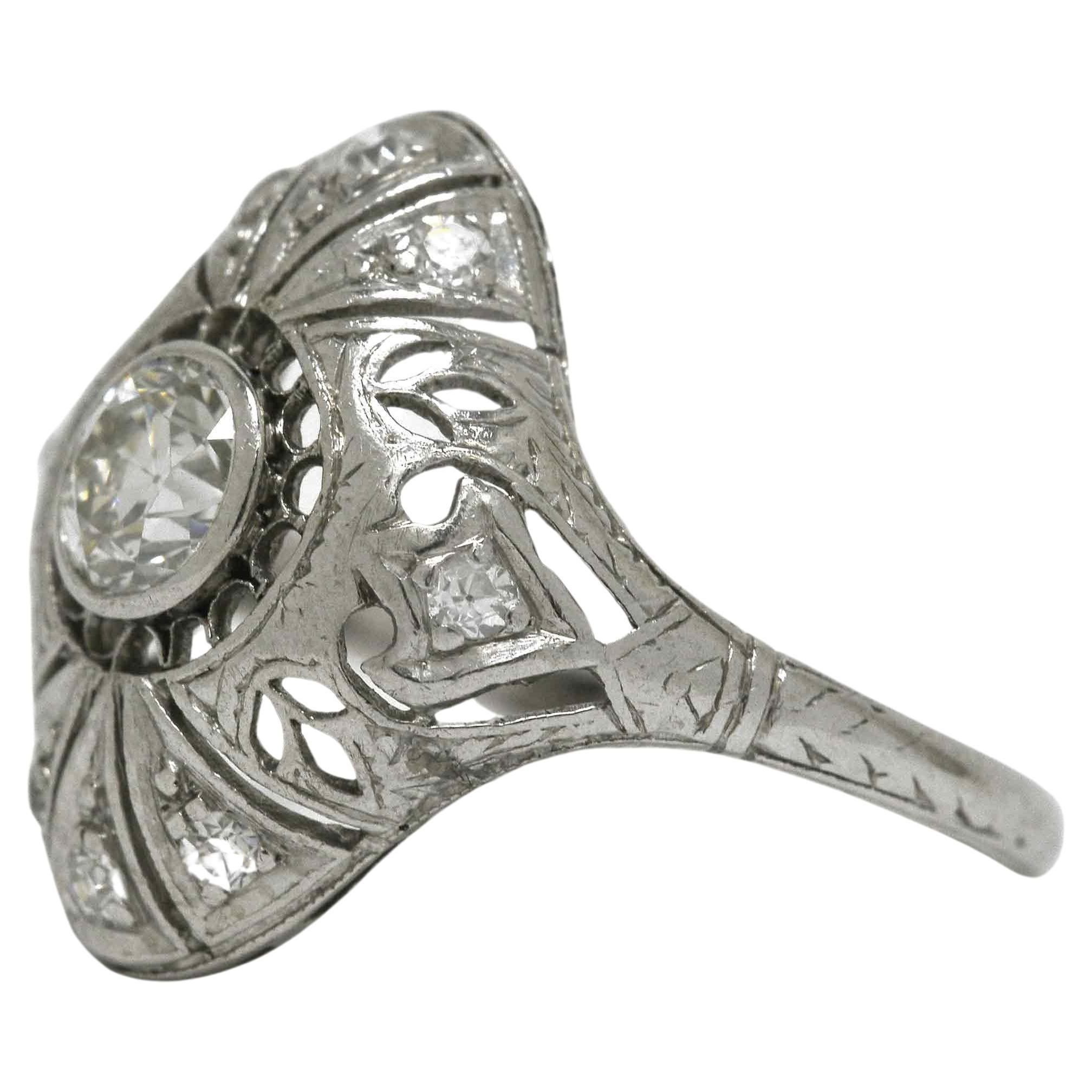 Art Deco Diamond Floral Filigree Engagement Ring In Good Condition For Sale In Santa Barbara, CA