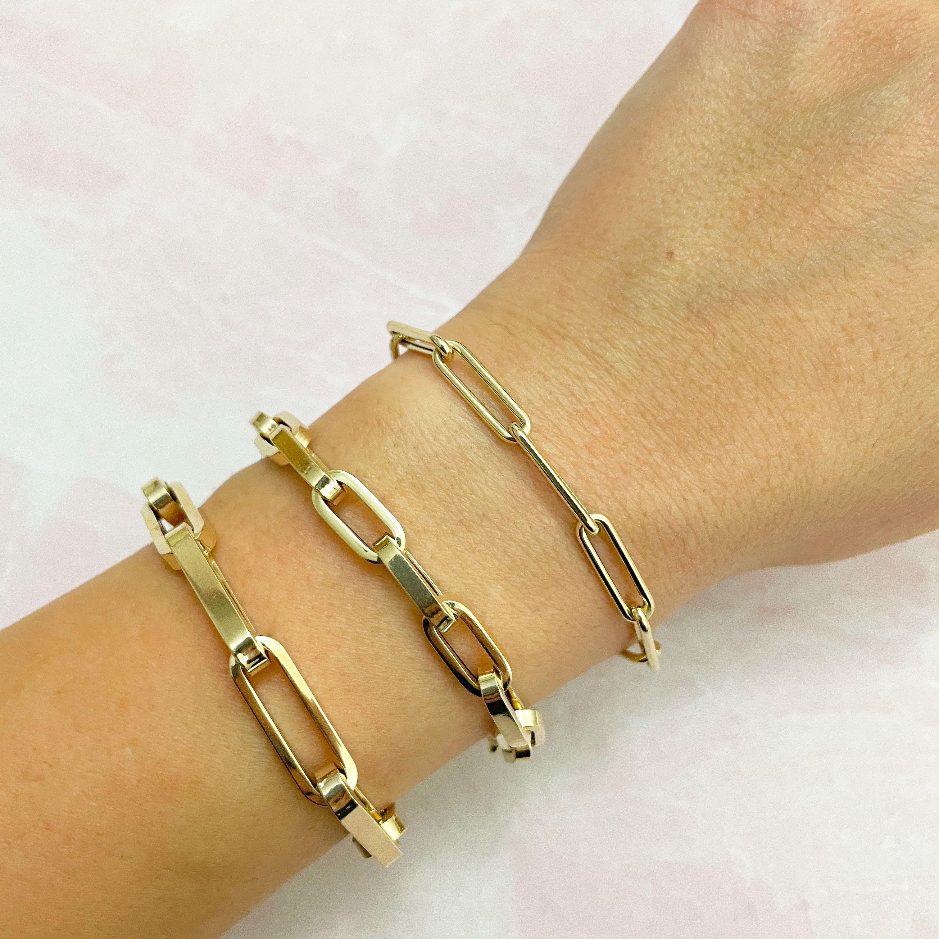 Contemporain Bracelet à maillons en forme de trombone large et allongé 3.1 Grammes Or jaune italien 14k
