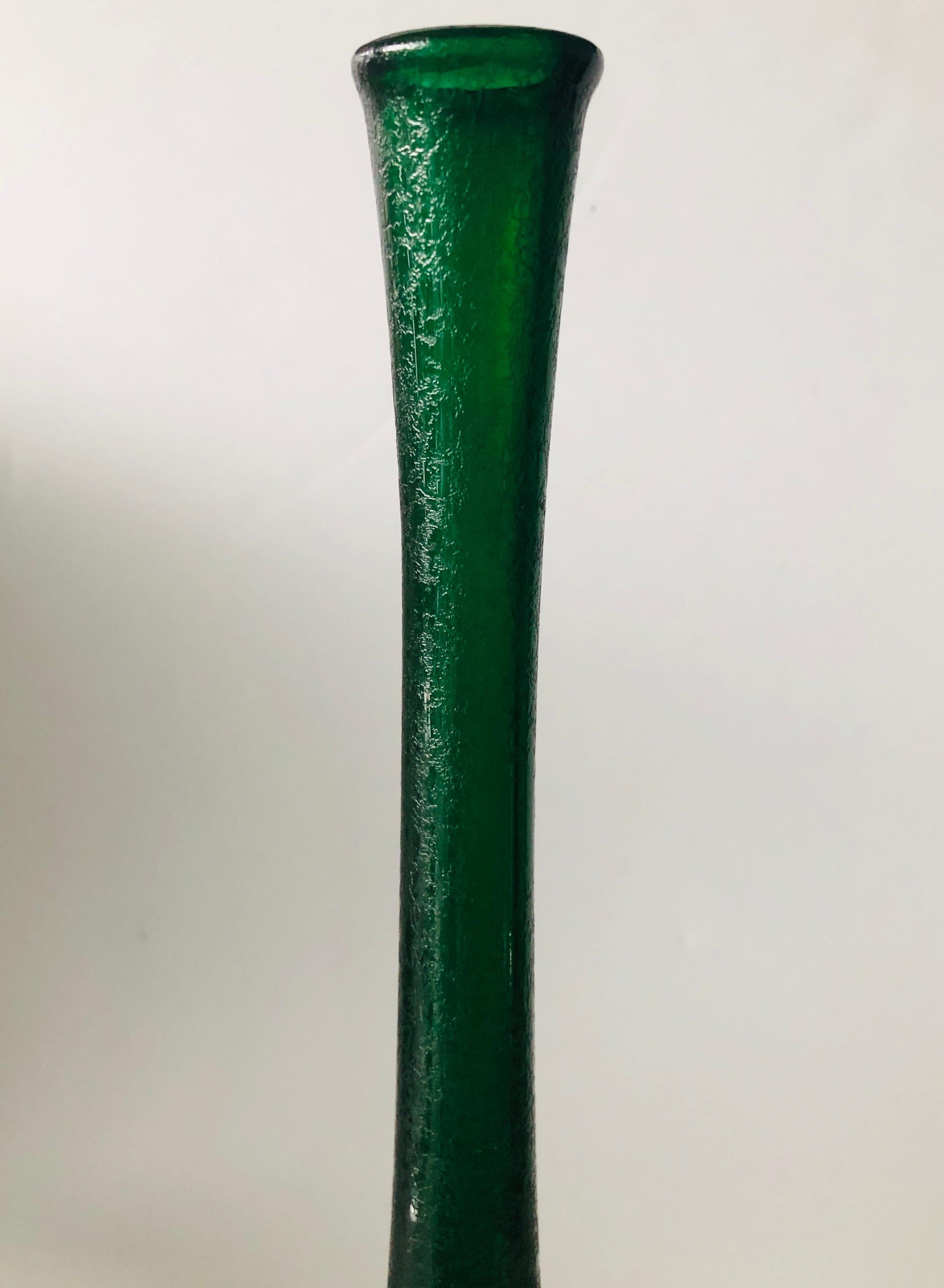 Elongated Bottle Neck Green Corroso Glass Bottle Vase Attributed to Seguso For Sale 1