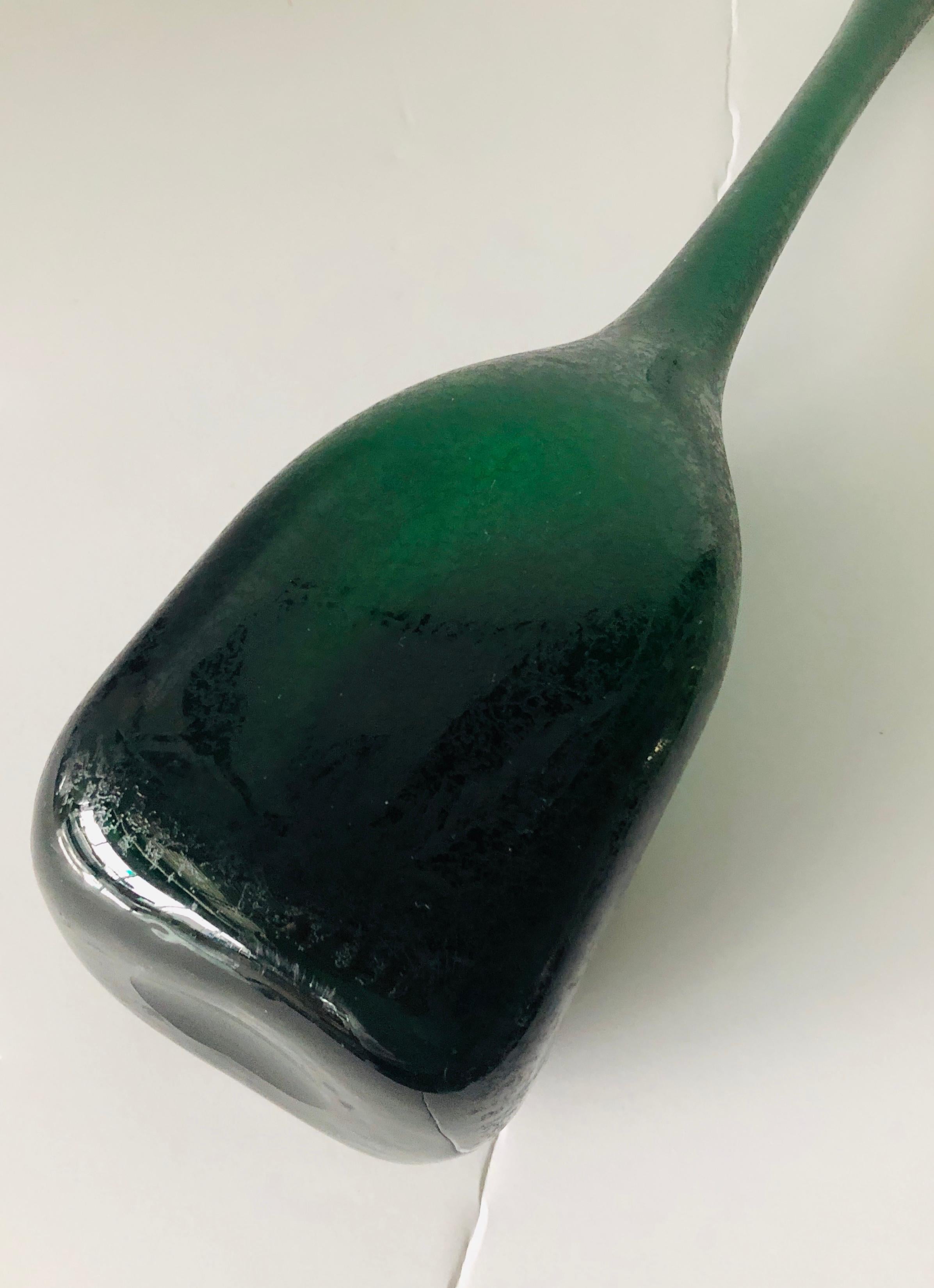 Elongated Bottle Neck Green Corroso Glass Bottle Vase Attributed to Seguso For Sale 3