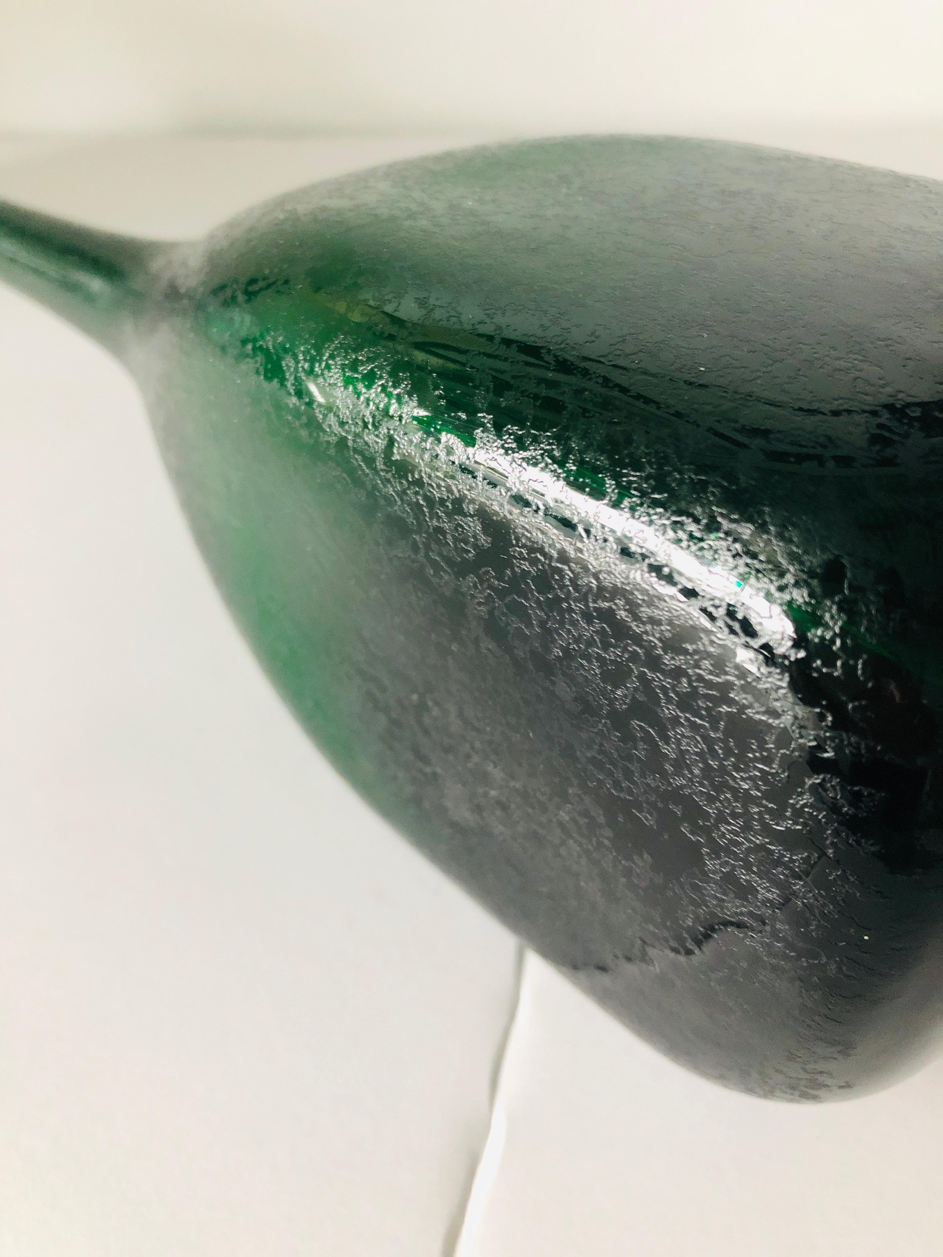 Elongated Bottle Neck Green Corroso Glass Bottle Vase Attributed to Seguso For Sale 6