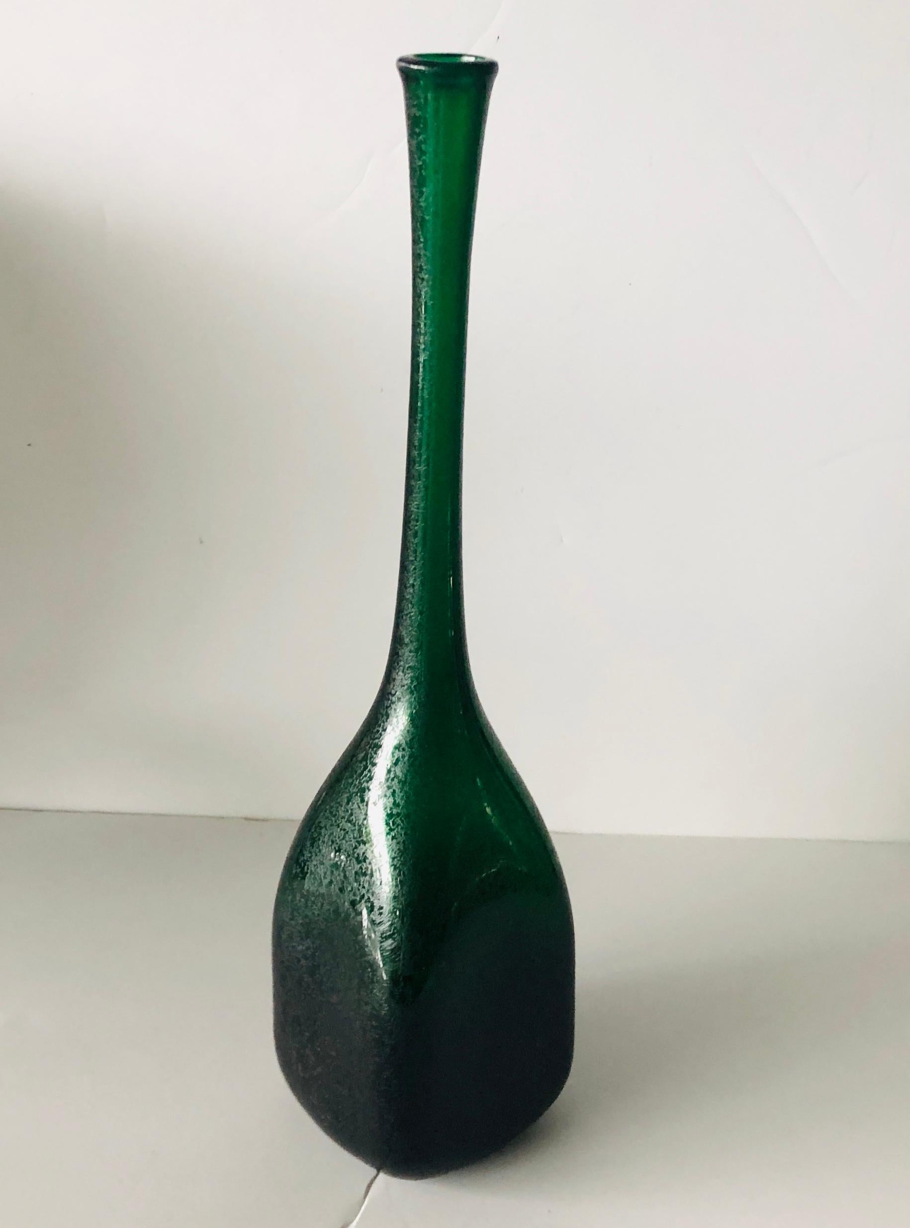Offered is a Mid-Century Modern Italian stunning rare tall elongated bottle neck in dark emerald green vase with acid-etched 