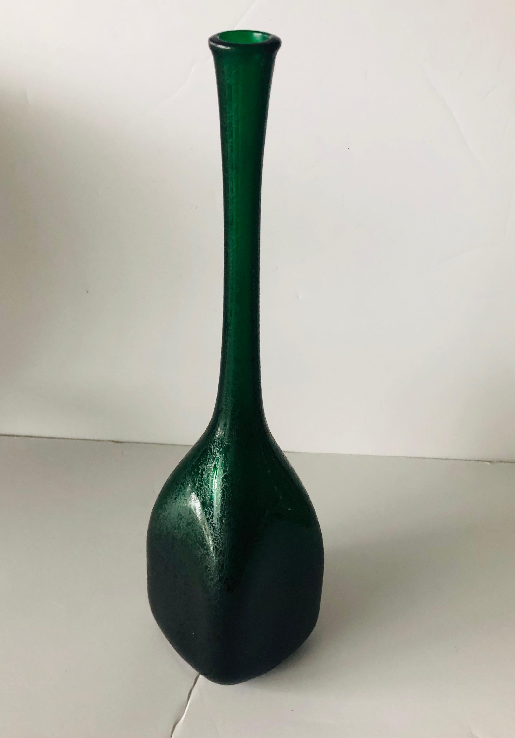 Mid-Century Modern Elongated Bottle Neck Green Corroso Glass Bottle Vase Attributed to Seguso For Sale