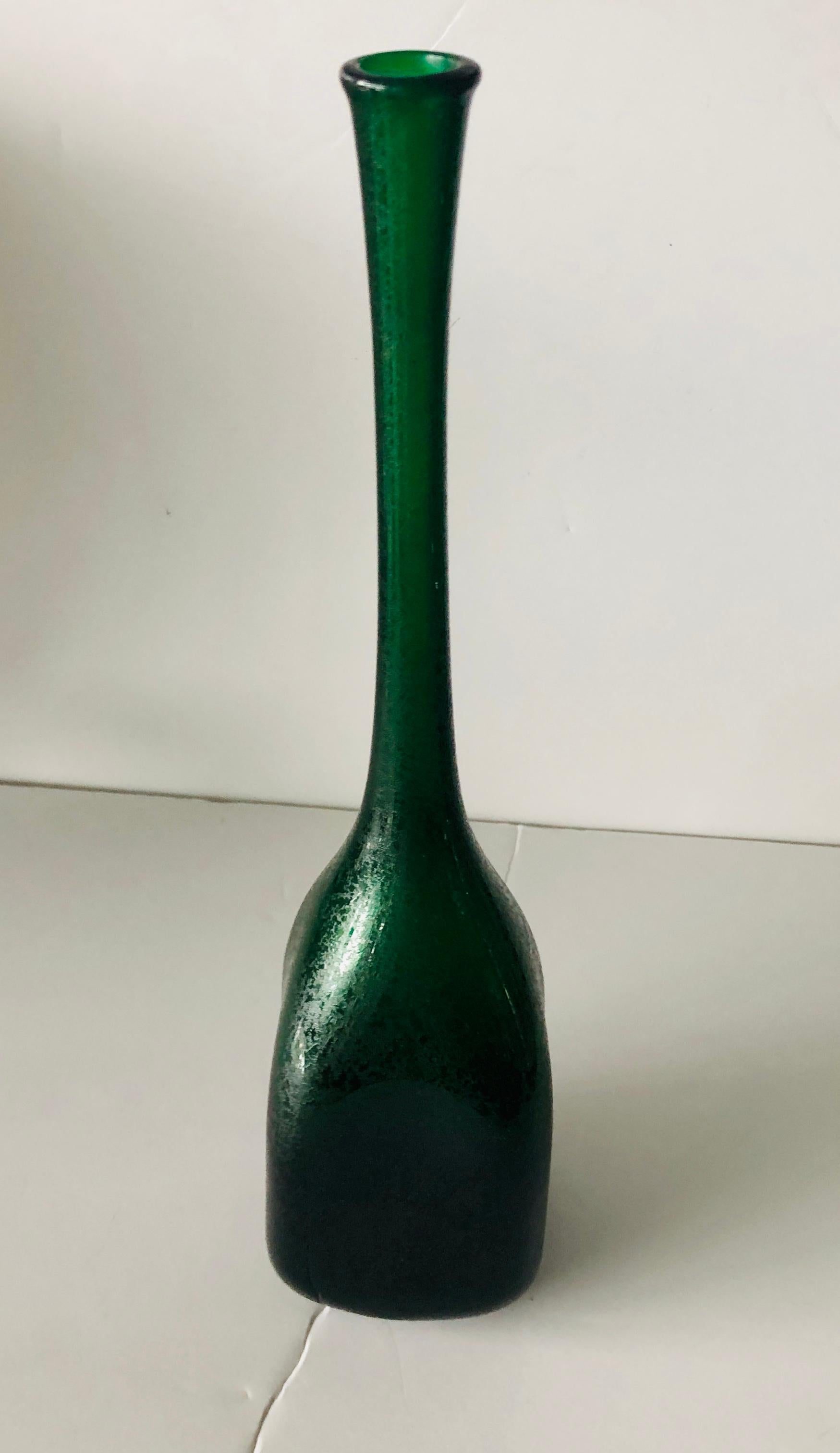 Italian Elongated Bottle Neck Green Corroso Glass Bottle Vase Attributed to Seguso For Sale