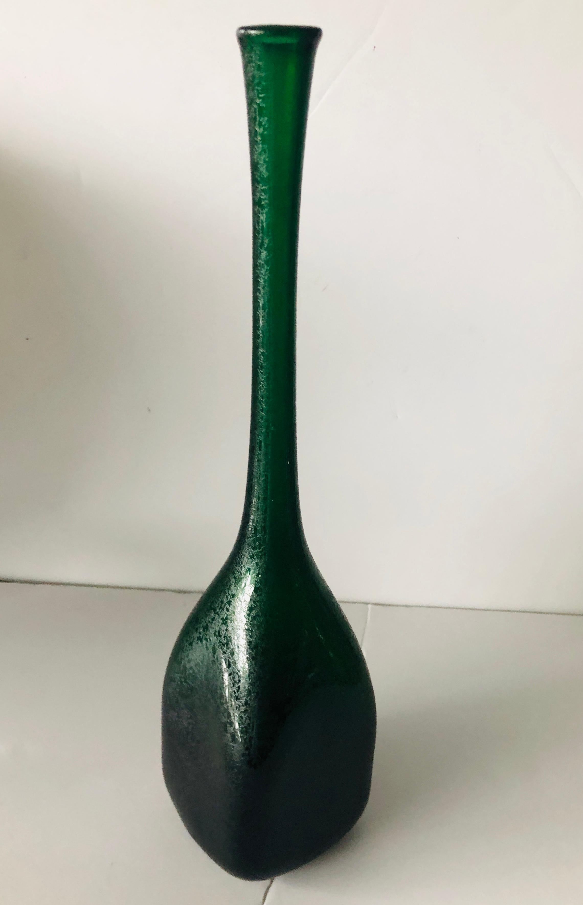 Etched Elongated Bottle Neck Green Corroso Glass Bottle Vase Attributed to Seguso For Sale