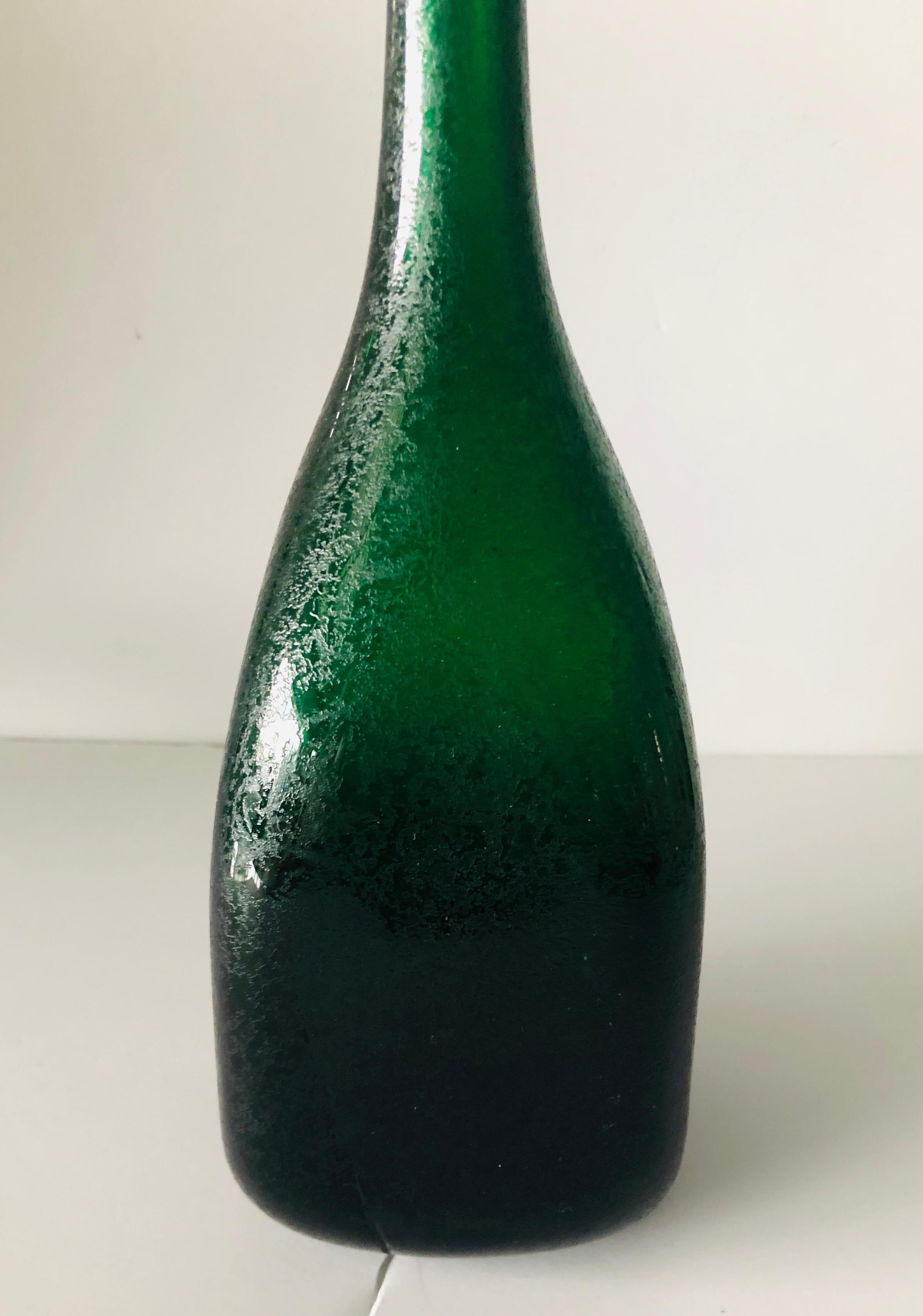Elongated Bottle Neck Green Corroso Glass Bottle Vase Attributed to Seguso In Good Condition For Sale In Houston, TX