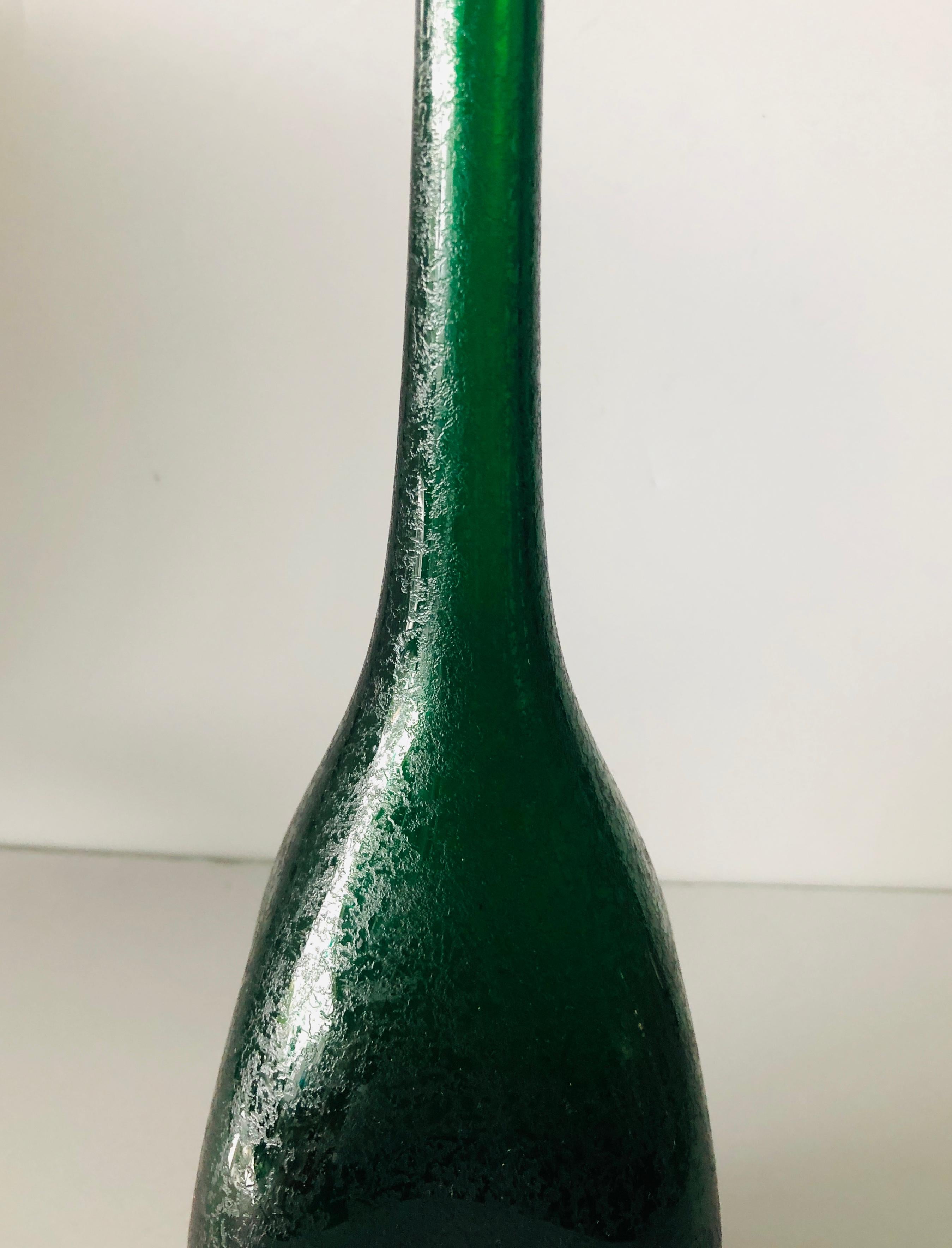 20th Century Elongated Bottle Neck Green Corroso Glass Bottle Vase Attributed to Seguso For Sale