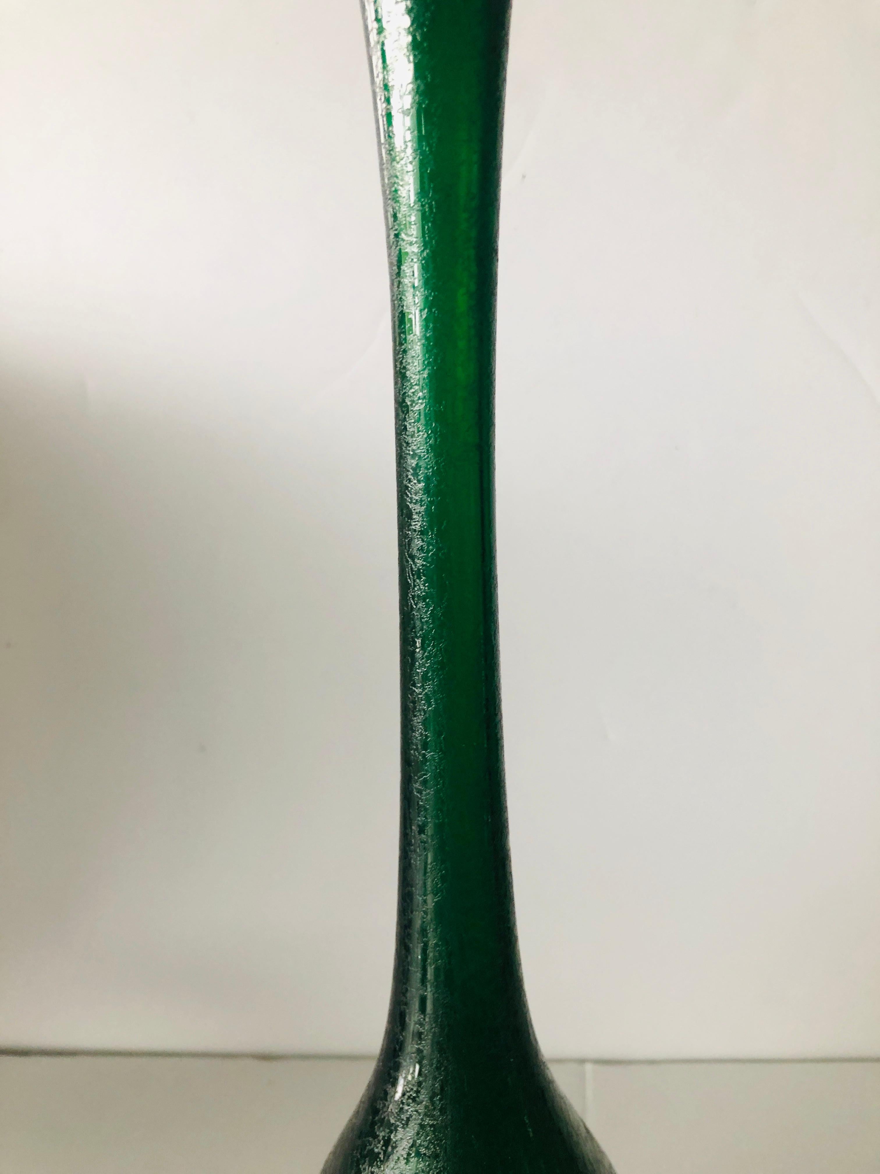 Blown Glass Elongated Bottle Neck Green Corroso Glass Bottle Vase Attributed to Seguso For Sale