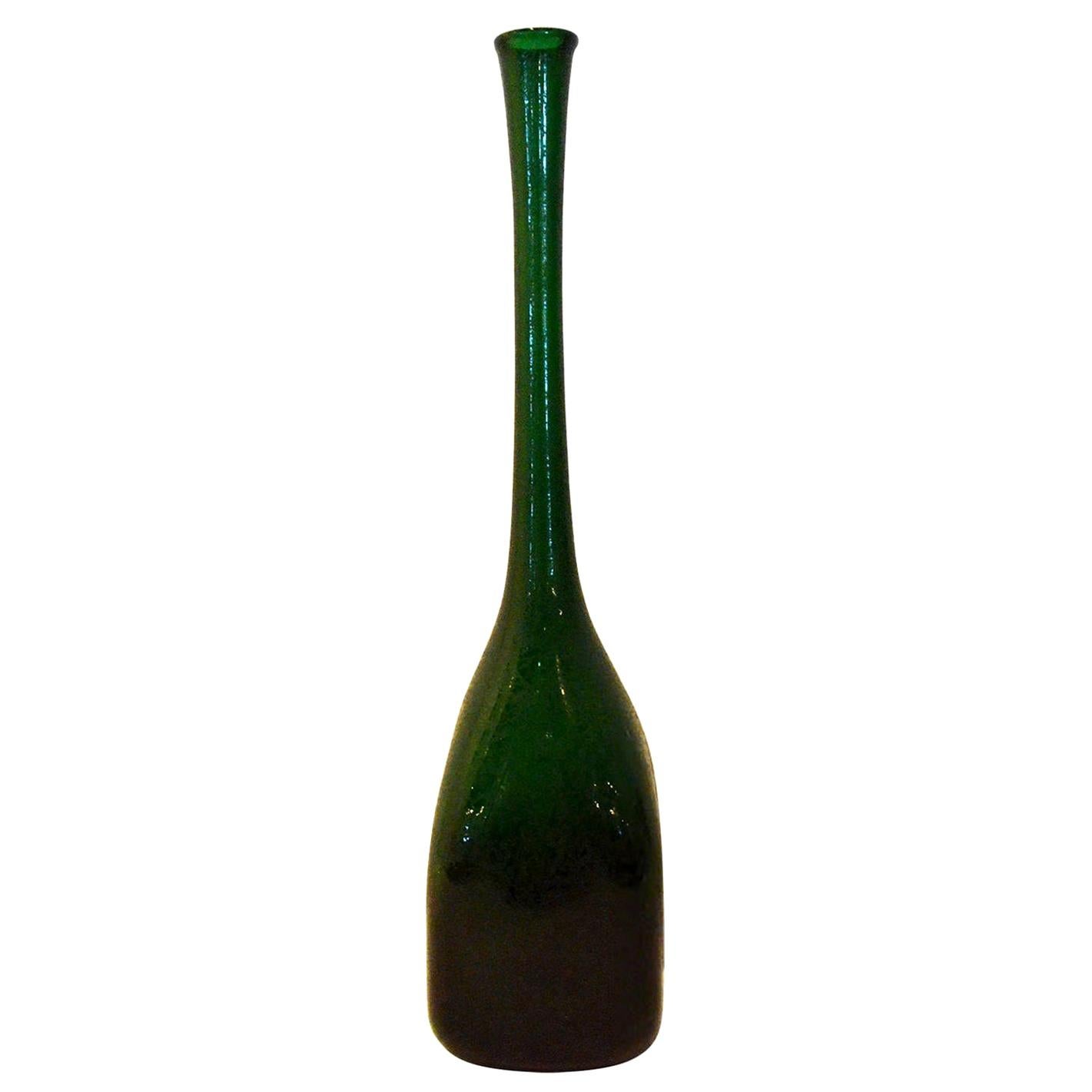 Elongated Bottle Neck Green Corroso Glass Bottle Vase Attributed to Seguso For Sale