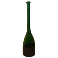 Vintage Elongated Bottle Neck Green Corroso Glass Bottle Vase Attributed to Seguso
