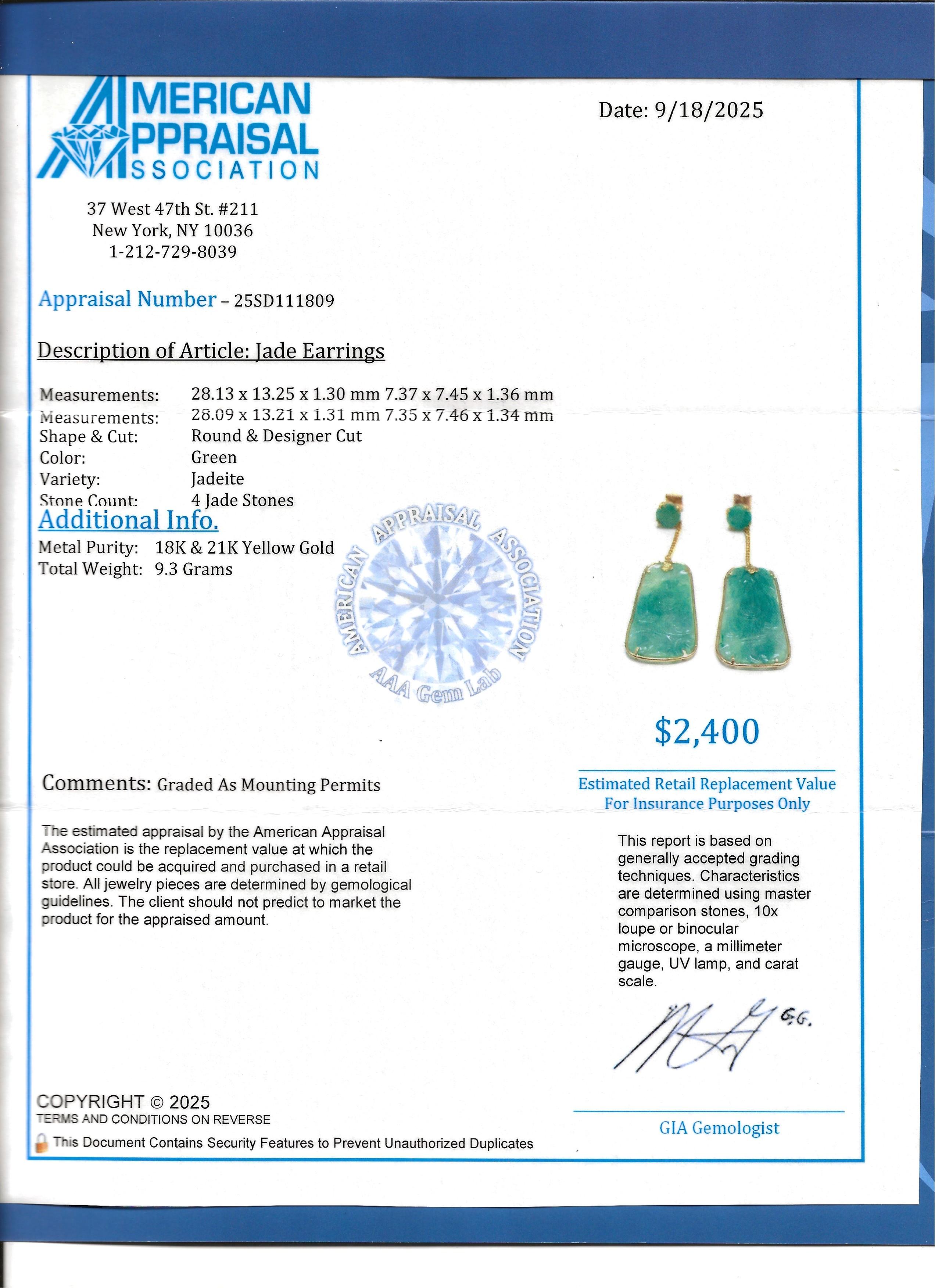 Boucles d'oreilles convertibles pendantes en or jaune 21 carats avec tablettes de jade sculptées en vente 4