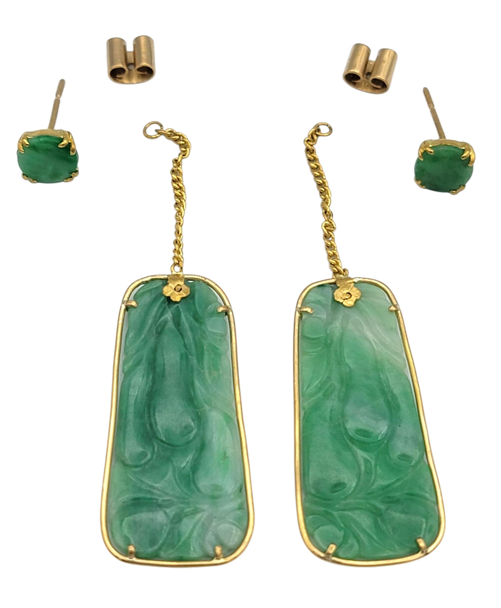 Poli au tonneau Boucles d'oreilles convertibles pendantes en or jaune 21 carats avec tablettes de jade sculptées en vente
