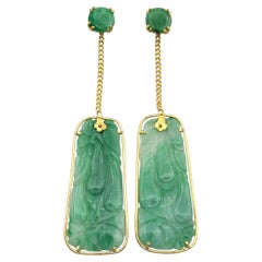 Elongated Carved Jade Tablet Dangle Convertible Earrings in 21 Karat Yellow Gold