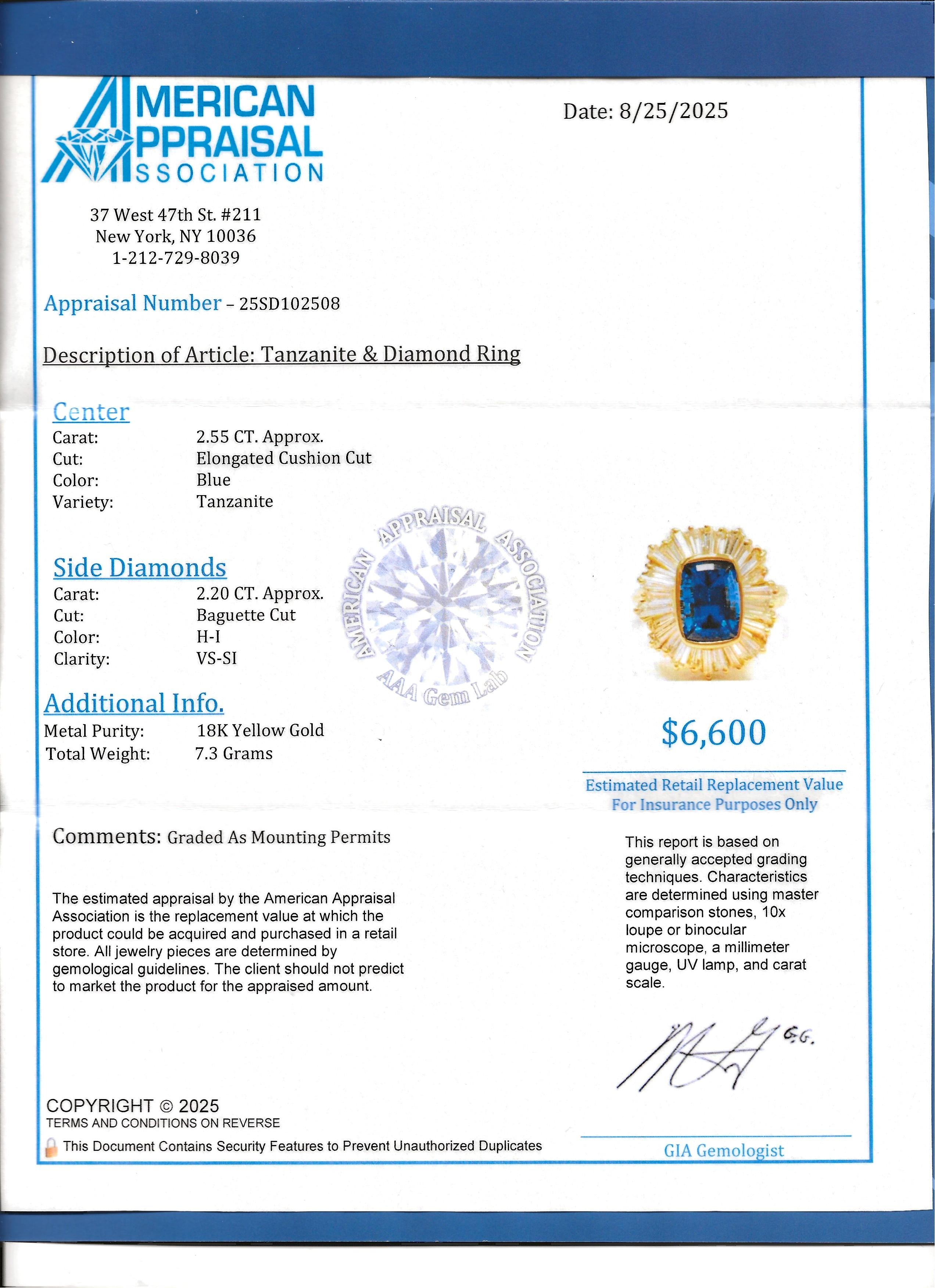 Bague de cocktail Tanzanite taille coussin et diamant baguette en or 18 carats en vente 6