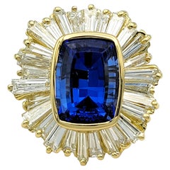 Elongated Cushion Cut Tanzanite & Baguette Diamond Cocktail Ring 18 Karat Gold