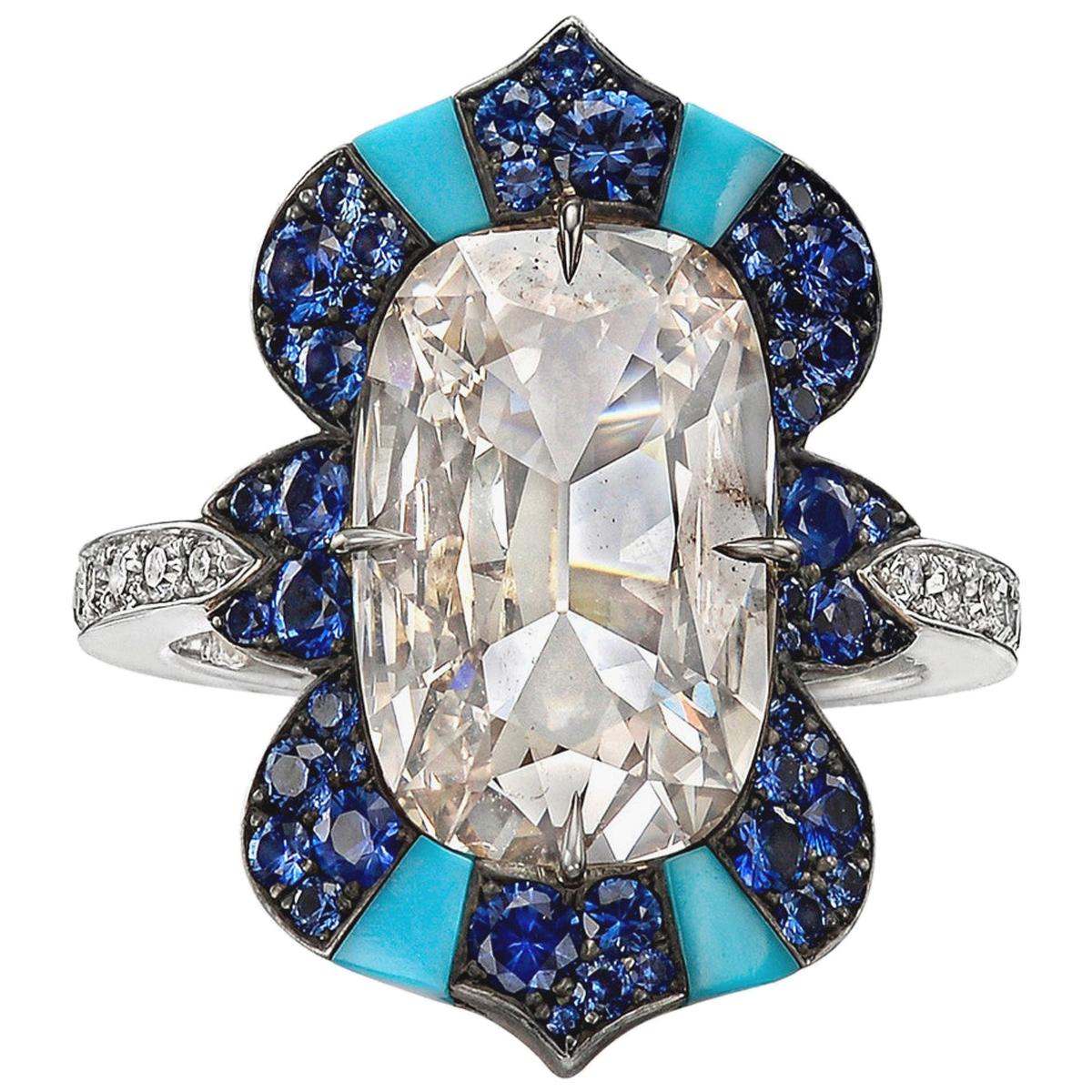 Elongated Cushion Diamond, Sapphire and Turquoise Ring