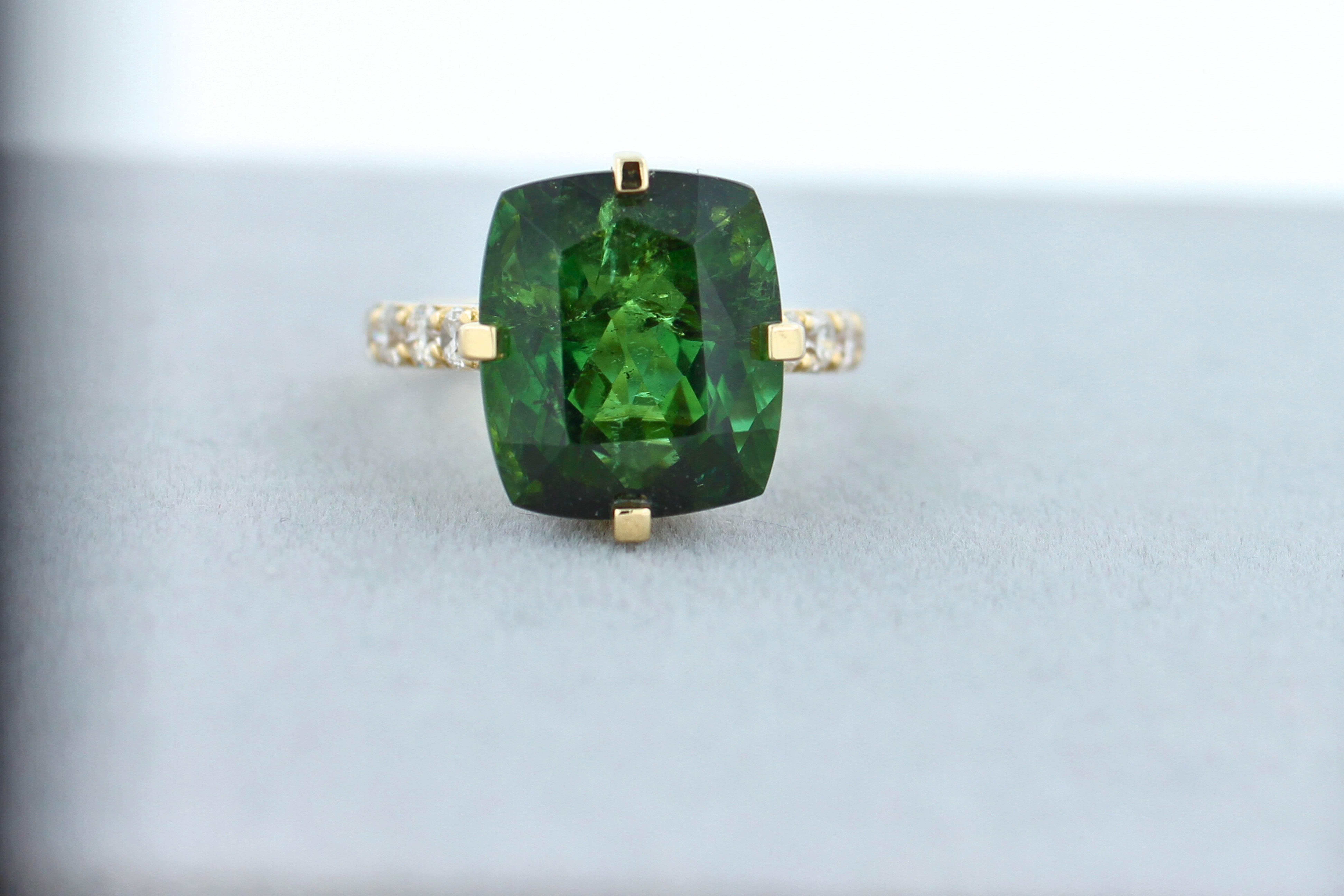Elongated Cushion Green Tourmaline Diamond Cocktail Solitaire Prongset Gold Ring For Sale 11