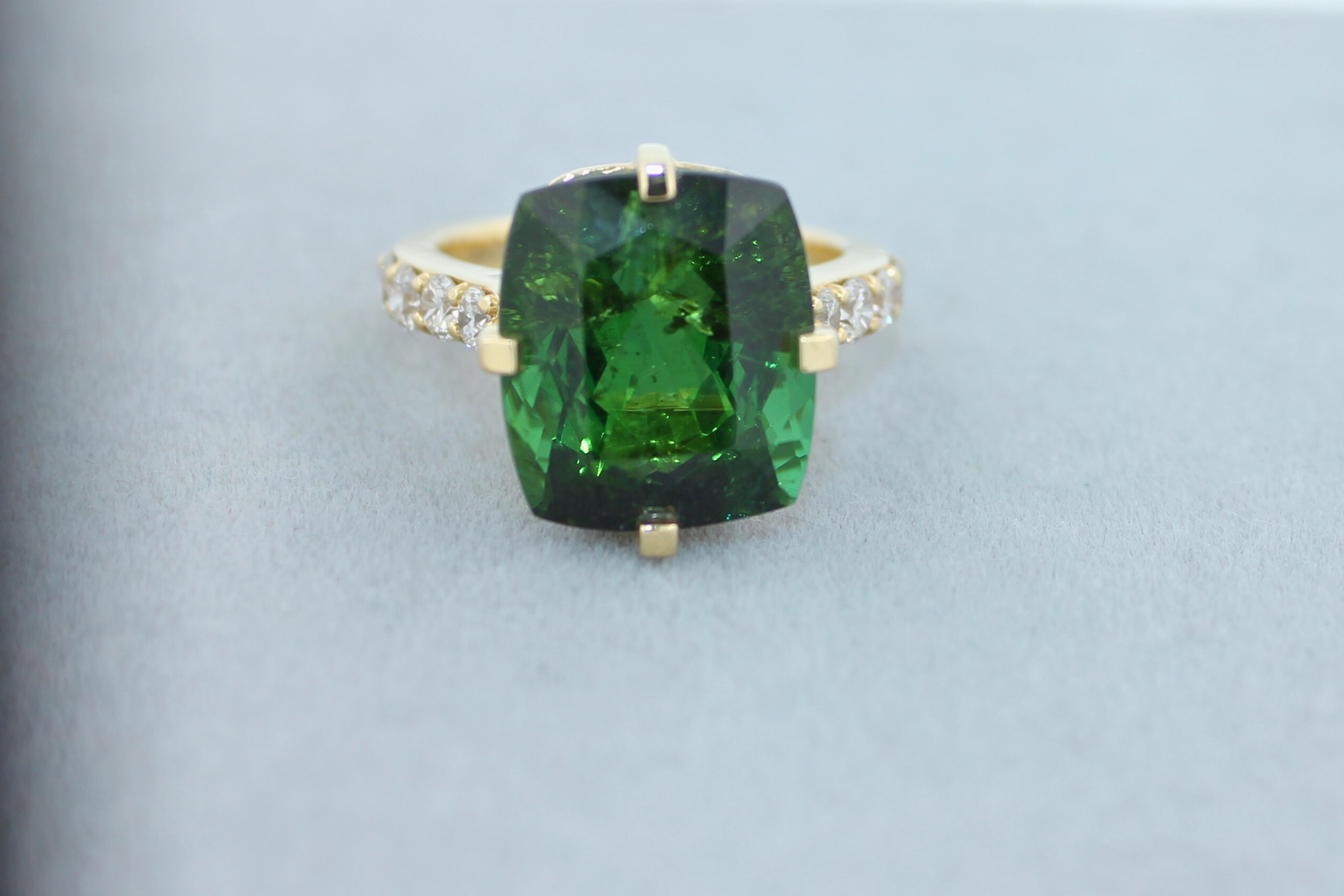 Elongated Cushion Green Tourmaline Diamond Cocktail Solitaire Prongset Gold Ring For Sale 12