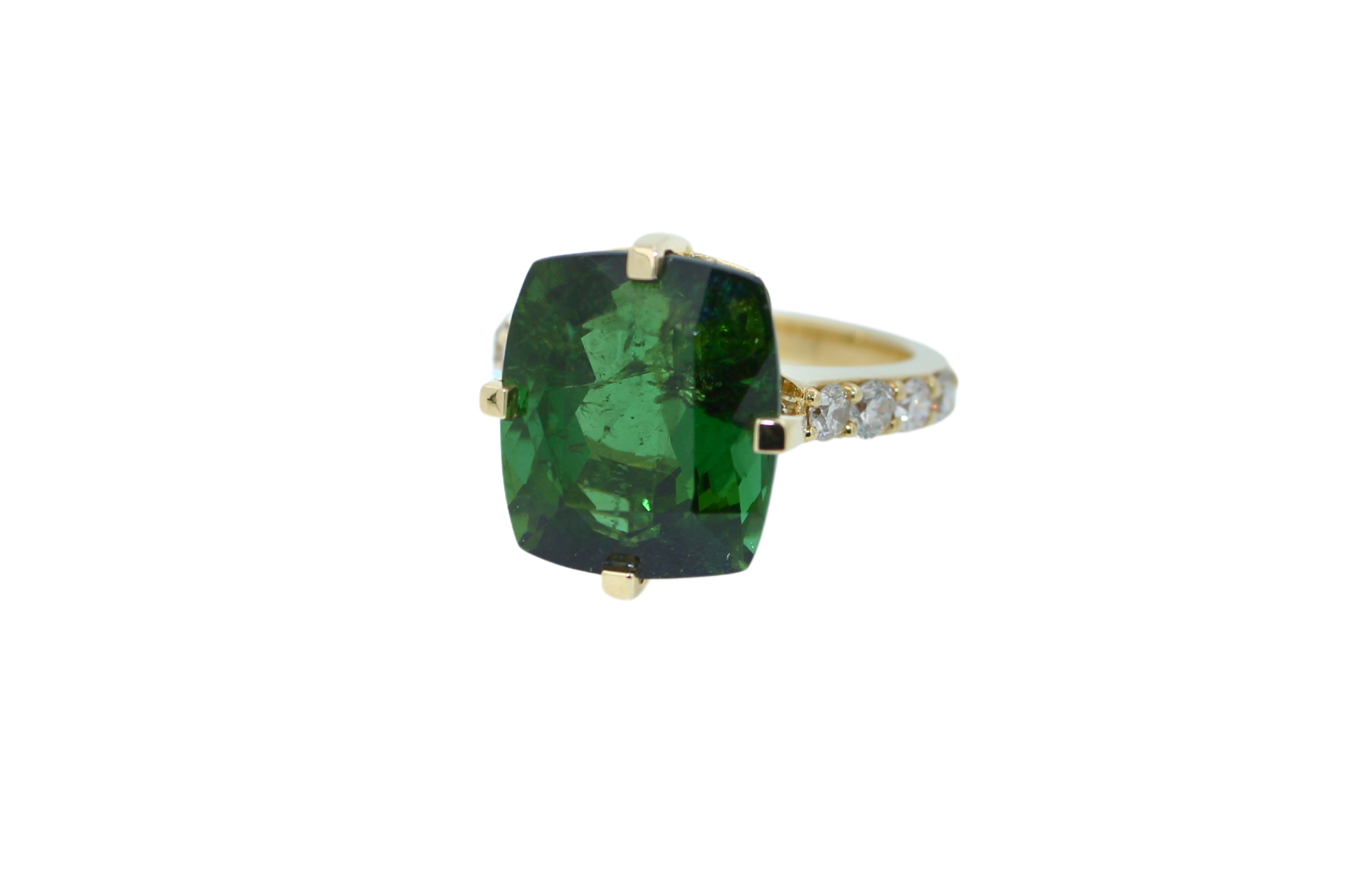 Cushion Cut Elongated Cushion Green Tourmaline Diamond Cocktail Solitaire Prongset Gold Ring For Sale