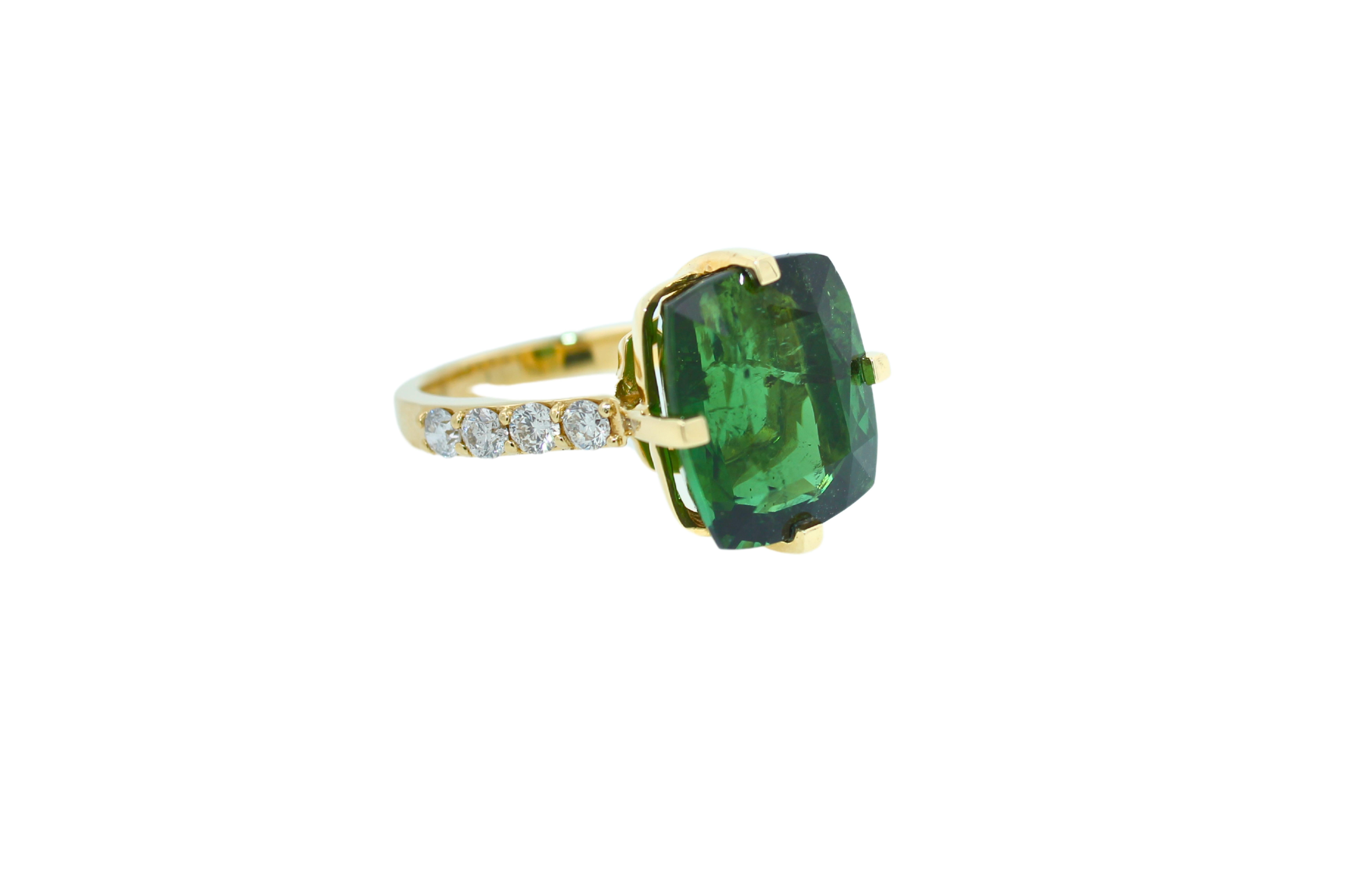Women's or Men's Elongated Cushion Green Tourmaline Diamond Cocktail Solitaire Prongset Gold Ring For Sale