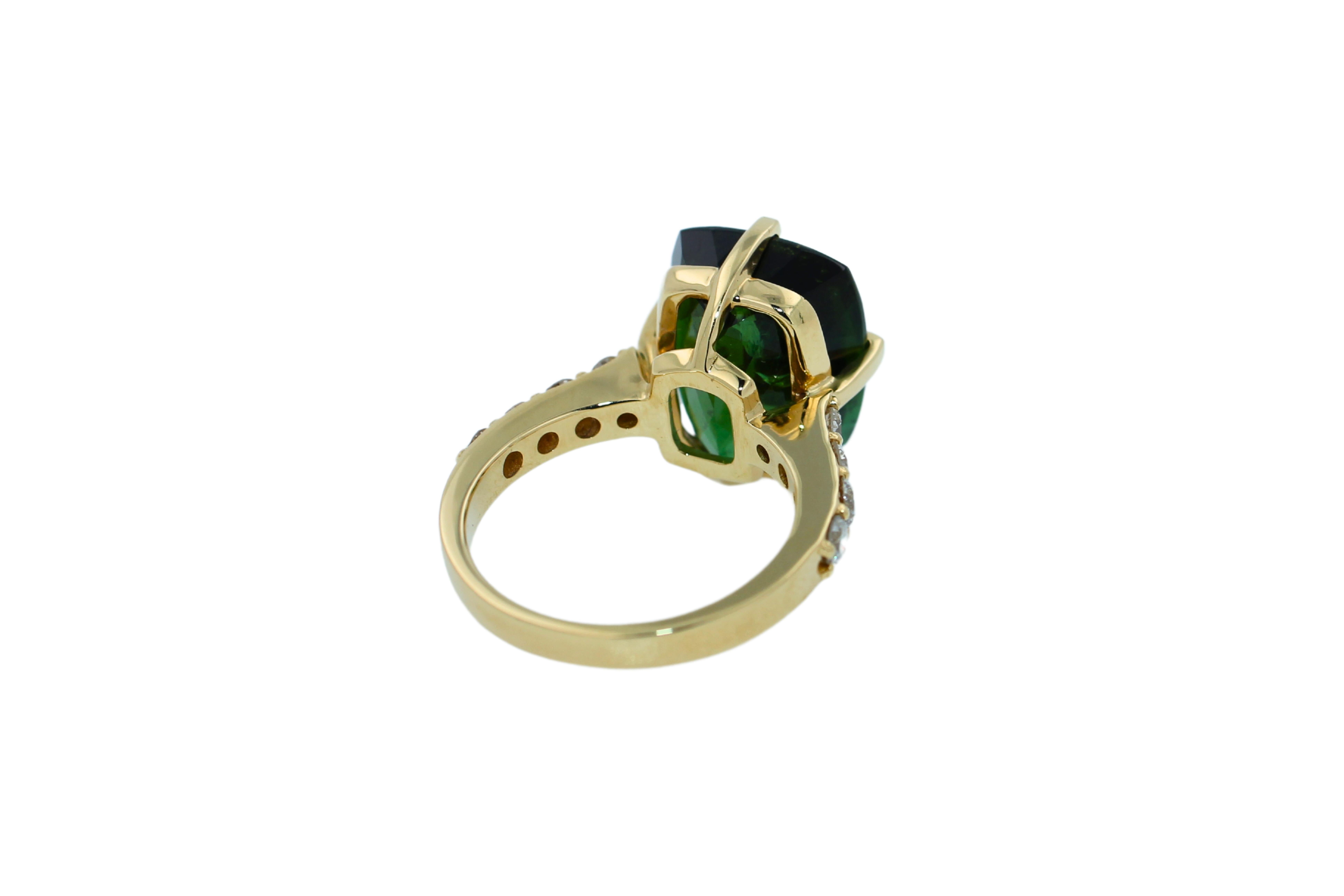 Elongated Cushion Green Tourmaline Diamond Cocktail Solitaire Prongset Gold Ring For Sale 2