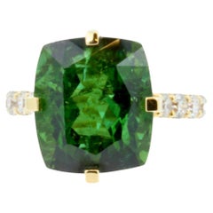 Elongated Cushion Green Tourmaline Diamond Cocktail Solitaire Prongset Gold Ring