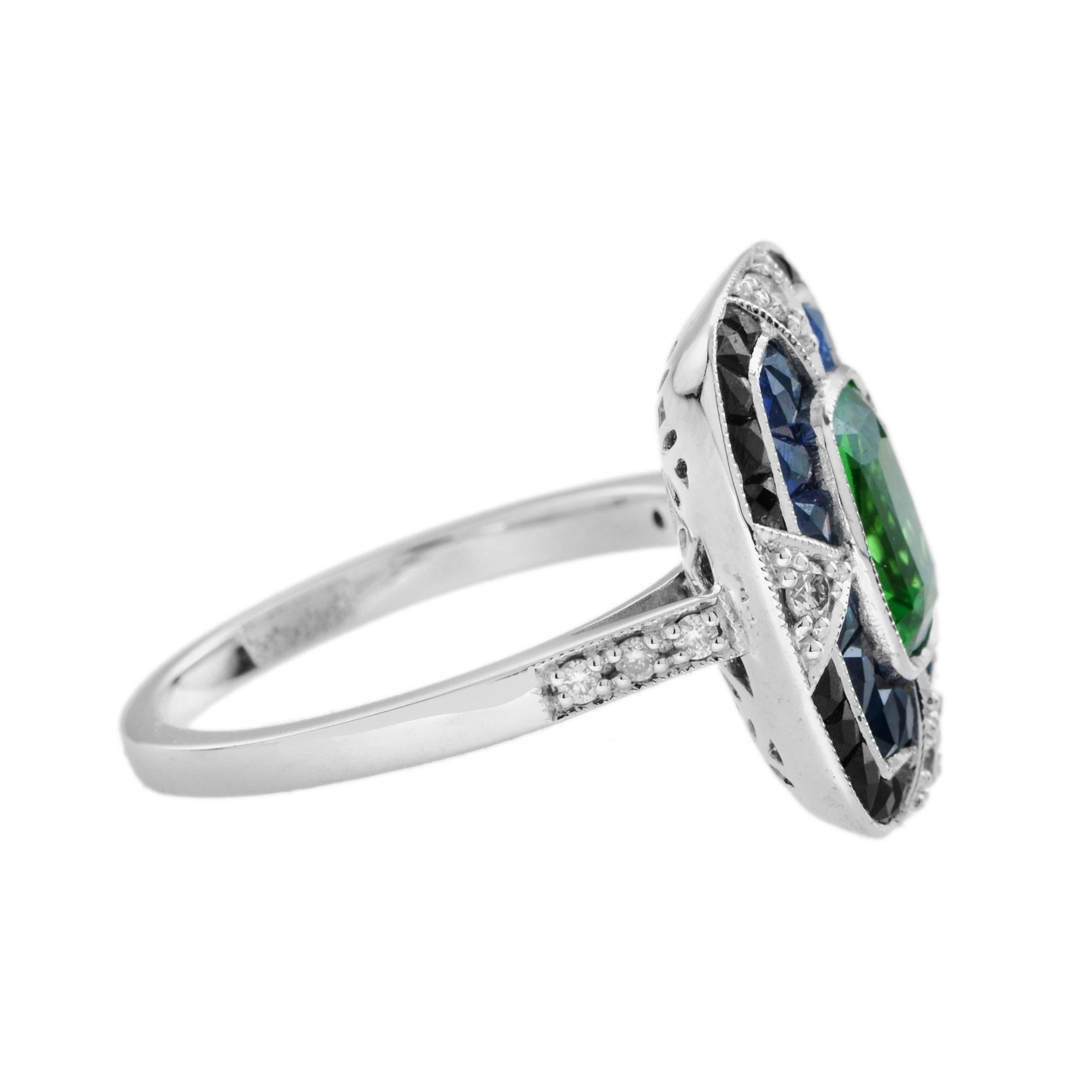 Emerald Cut Elongated Cushion Green Tsavorite Sapphire Onyx Diamond Art Deco Style Gold Ring For Sale