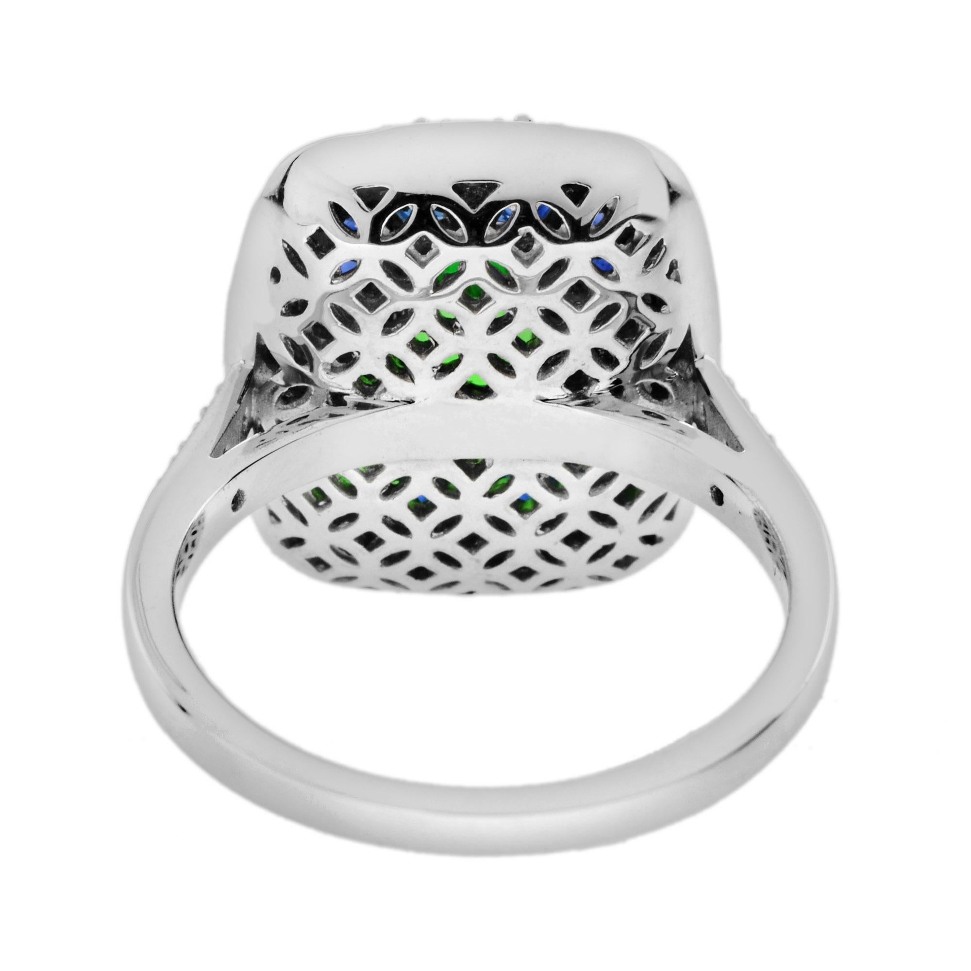 Women's Elongated Cushion Green Tsavorite Sapphire Onyx Diamond Art Deco Style Gold Ring For Sale