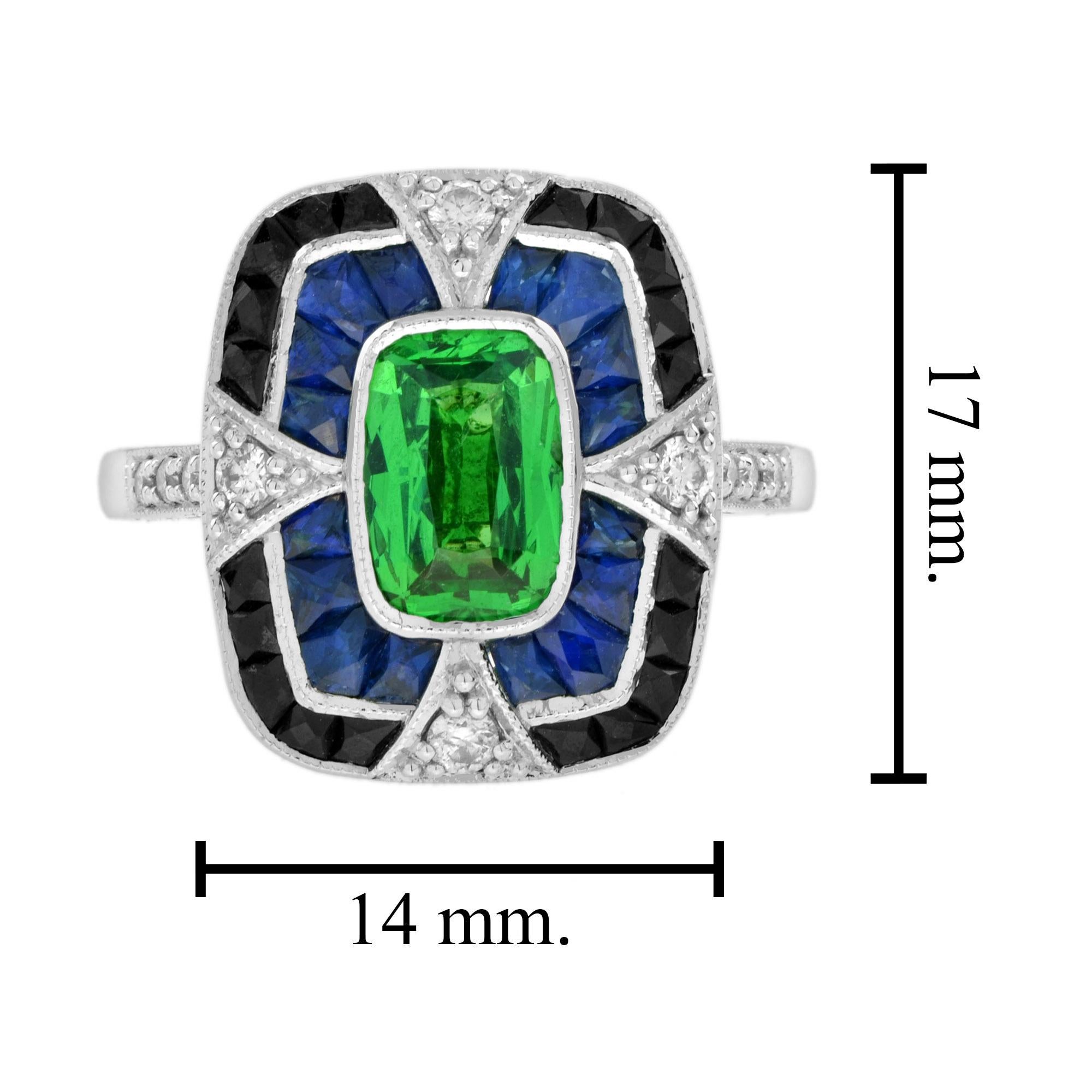 Elongated Cushion Green Tsavorite Sapphire Onyx Diamond Art Deco Style Gold Ring For Sale 1