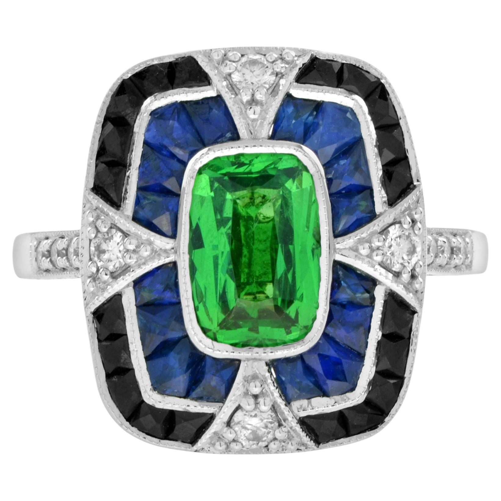 Elongated Cushion Green Tsavorite Sapphire Onyx Diamond Art Deco Style Gold Ring For Sale