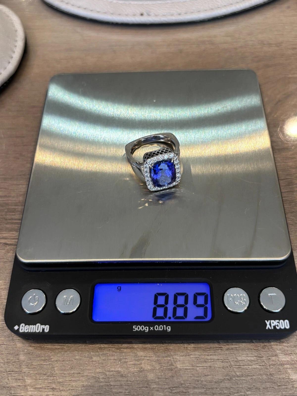 Elongated Cushion Natural Tanzanite & Round Diamond 6.29CT 14K White Gold Ring For Sale 6