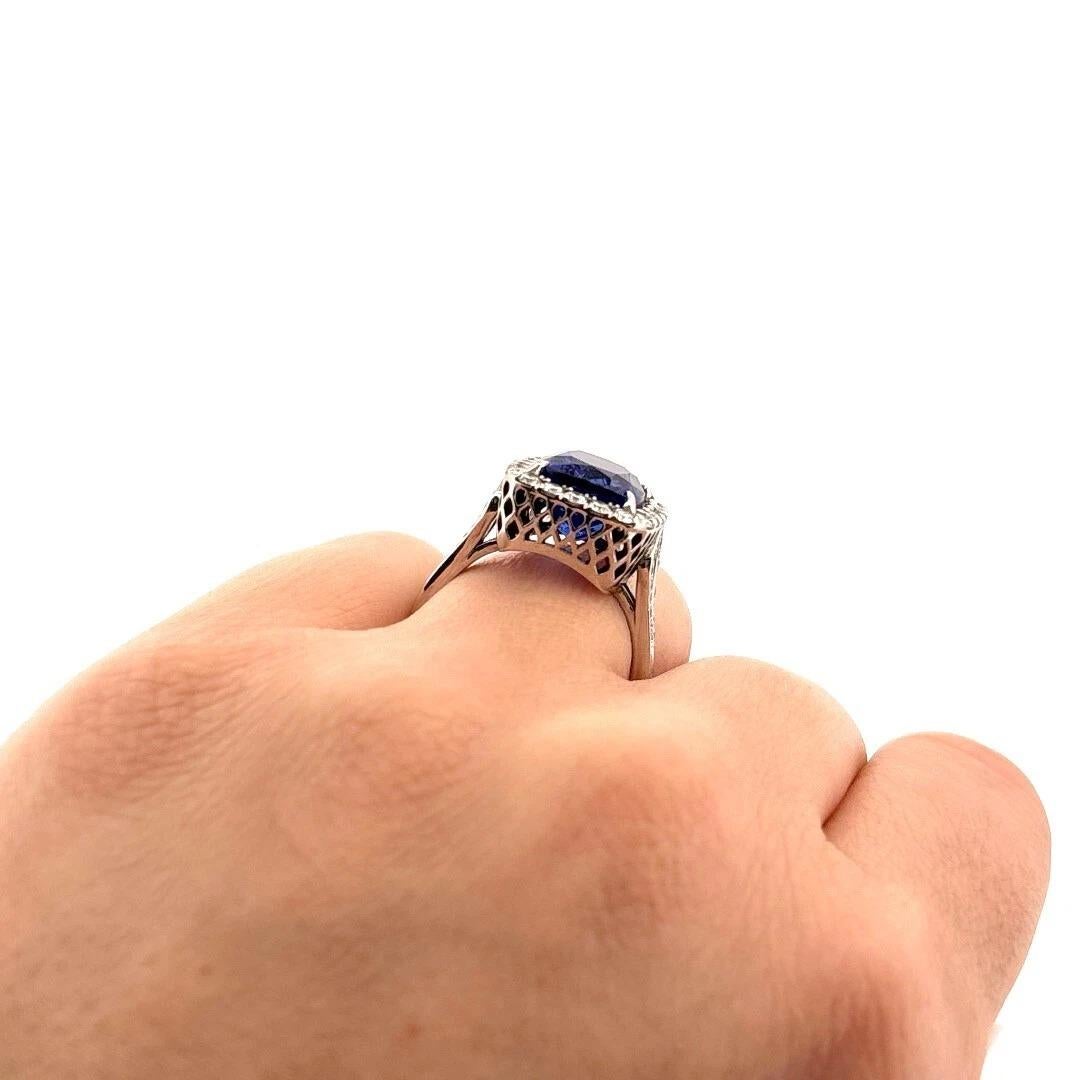 Elongated Cushion Natural Tanzanite & Round Diamond 6.29CT 14K White Gold Ring For Sale 3