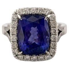Elongated Cushion Natural Tanzanite & Round Diamond 6.29CT 14K White Gold Ring