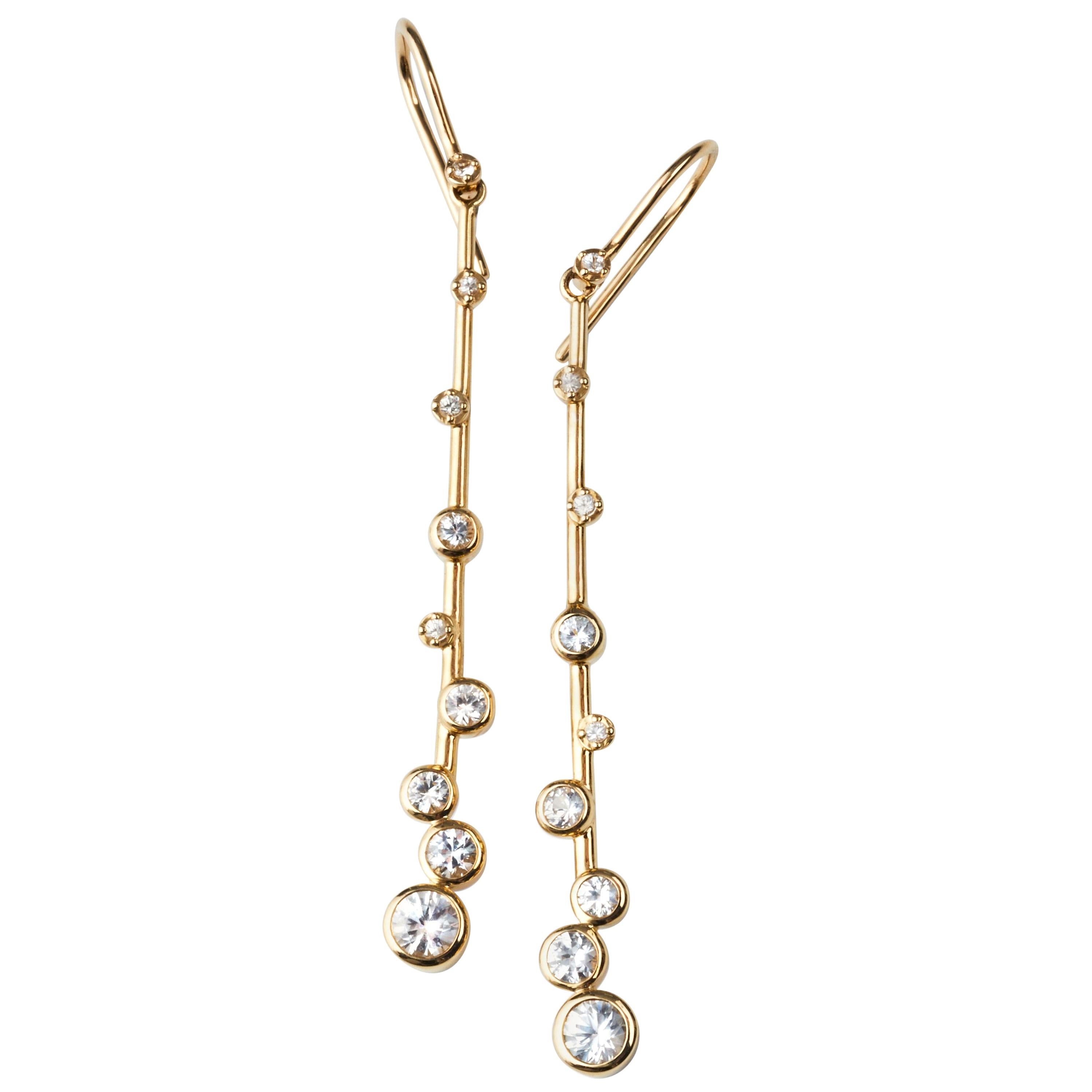 Elongated Dangle Earrings in 14 Karat Gold with White Sapphires and Diamonds