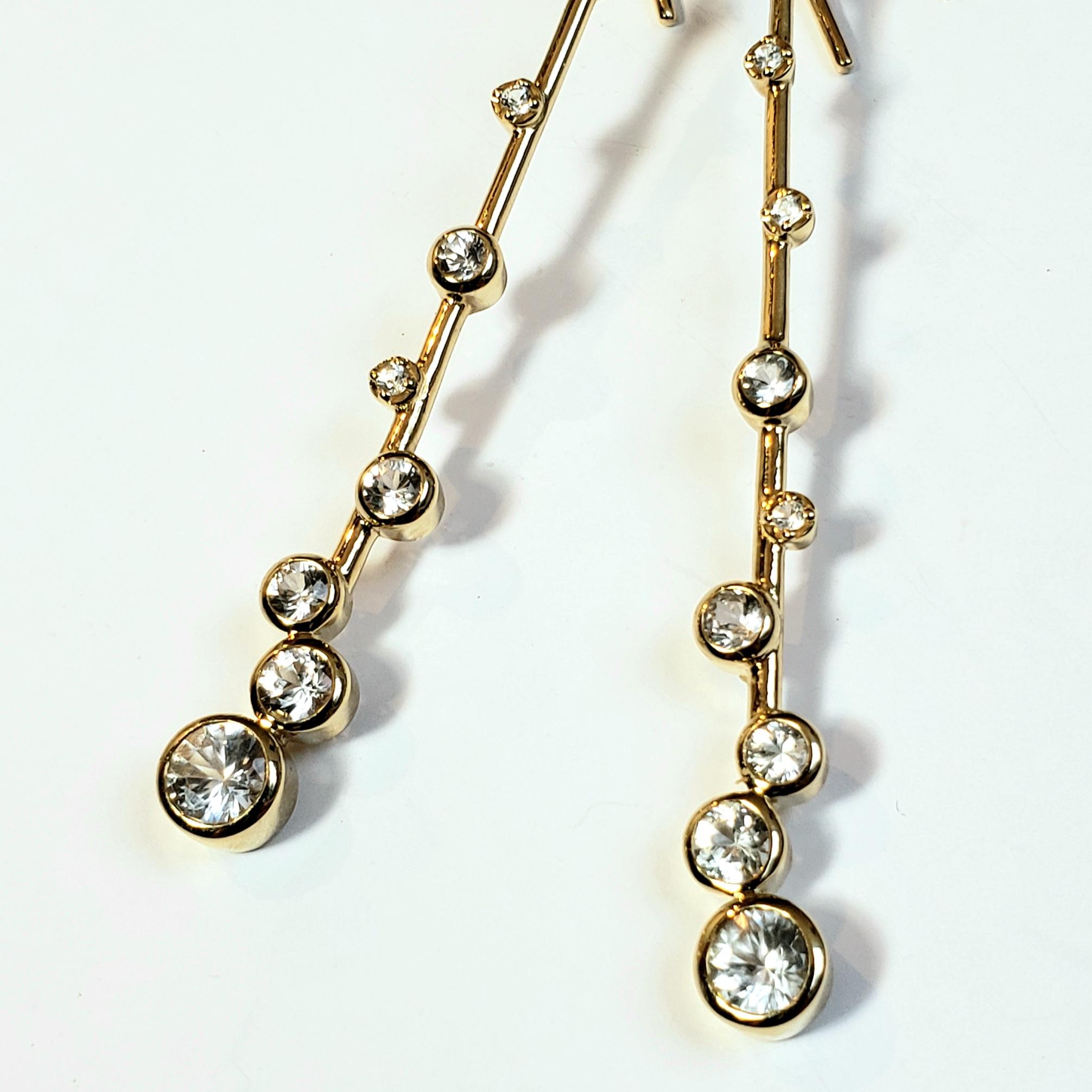 Elongated Dangle Earrings in 14 Karat Gold with White Sapphires and Diamonds In New Condition In Carlisle, MA