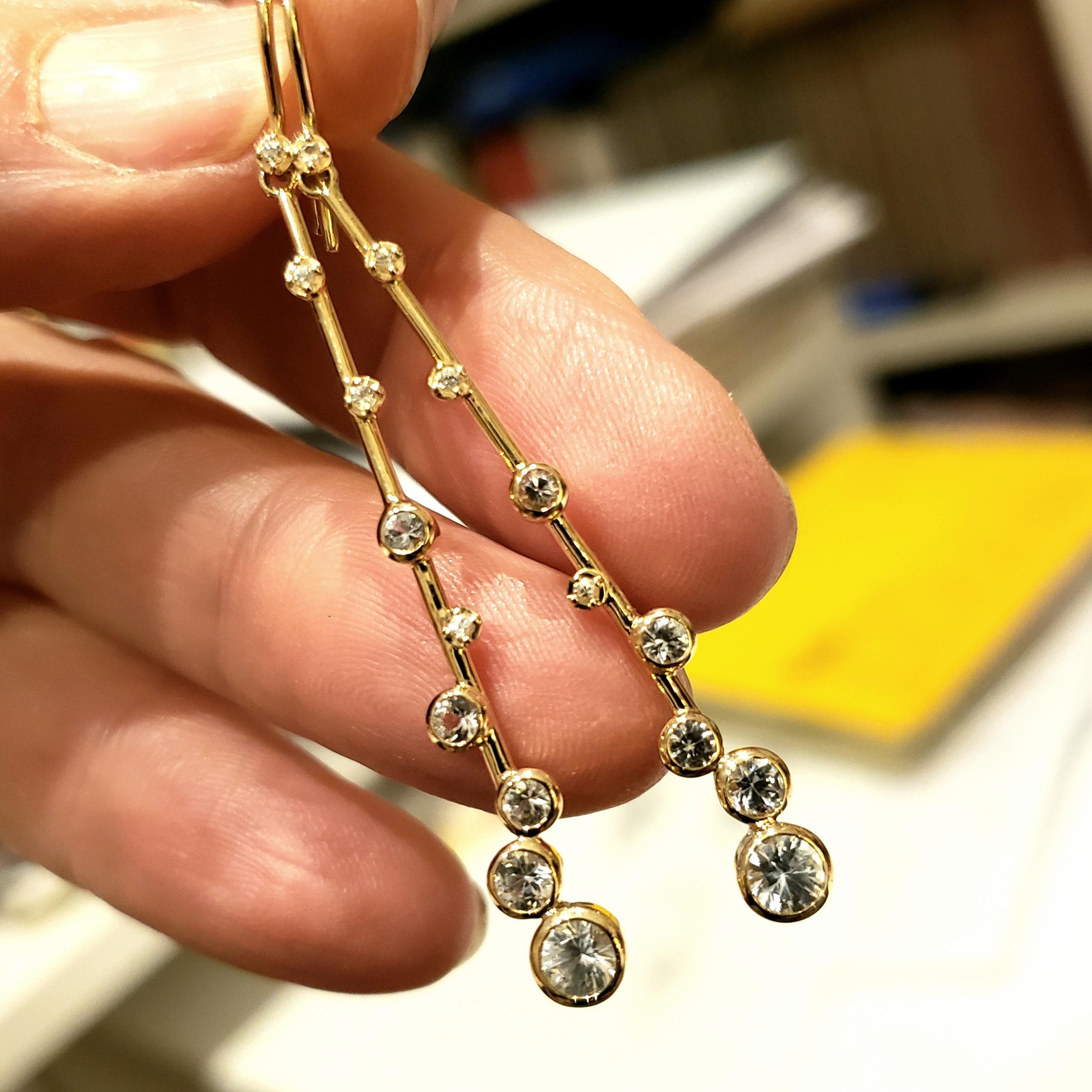 Women's Elongated Dangle Earrings in 14 Karat Gold with White Sapphires and Diamonds