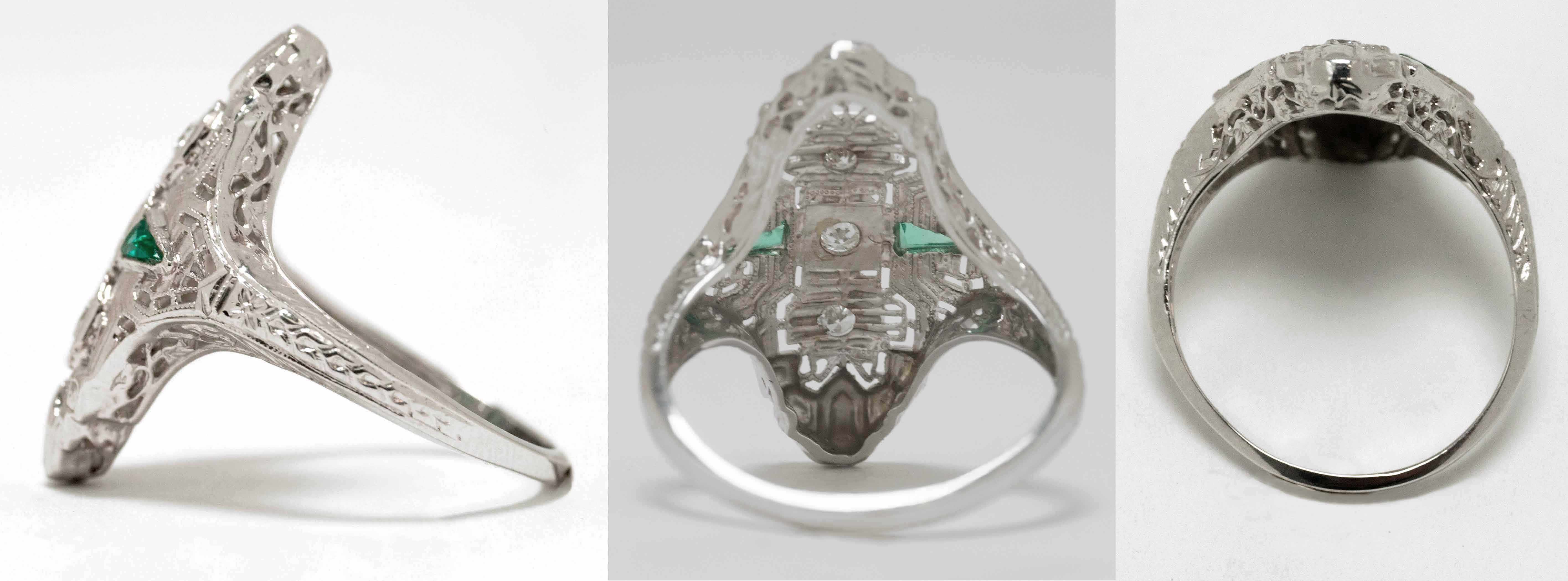 Art Deco Elongated Edwardian Style Filigree Diamond Cocktail Ring