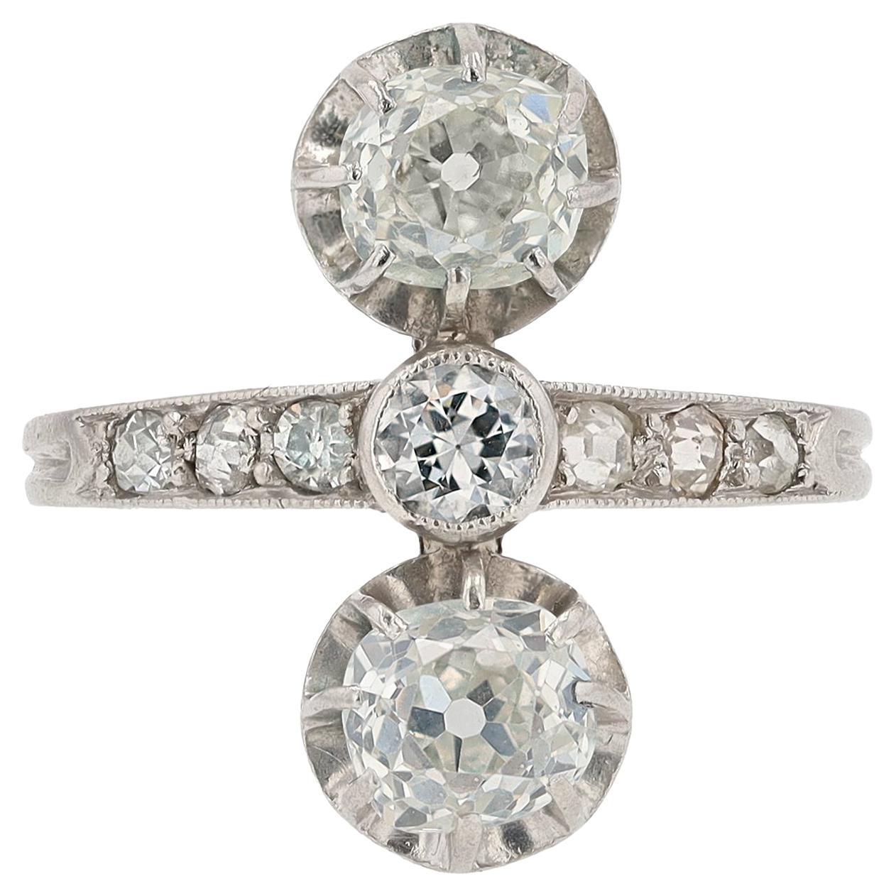 Elongated Edwardian Twin Diamond Three Stone Trilogy Engagement Ring For Sale