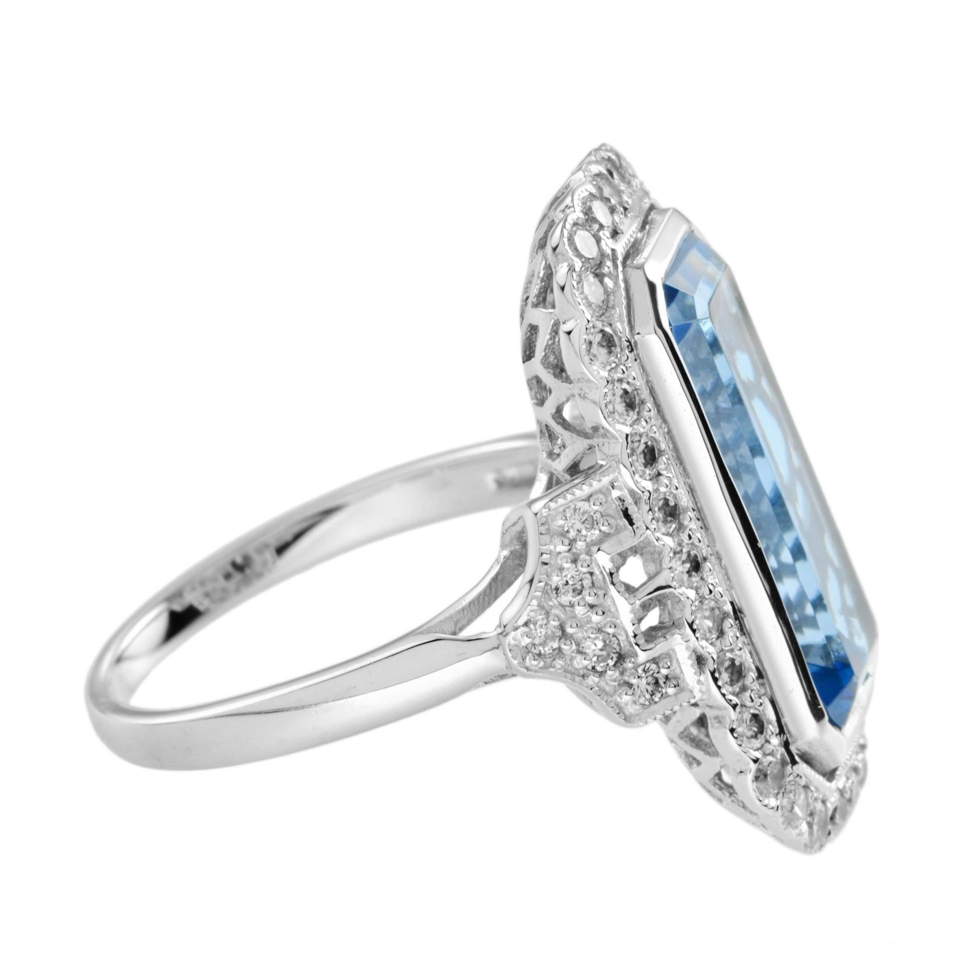 Elongated Emerald Cut Blue Topaz & Diamond Halo Set 14K White Gold Ring (Art déco) im Angebot
