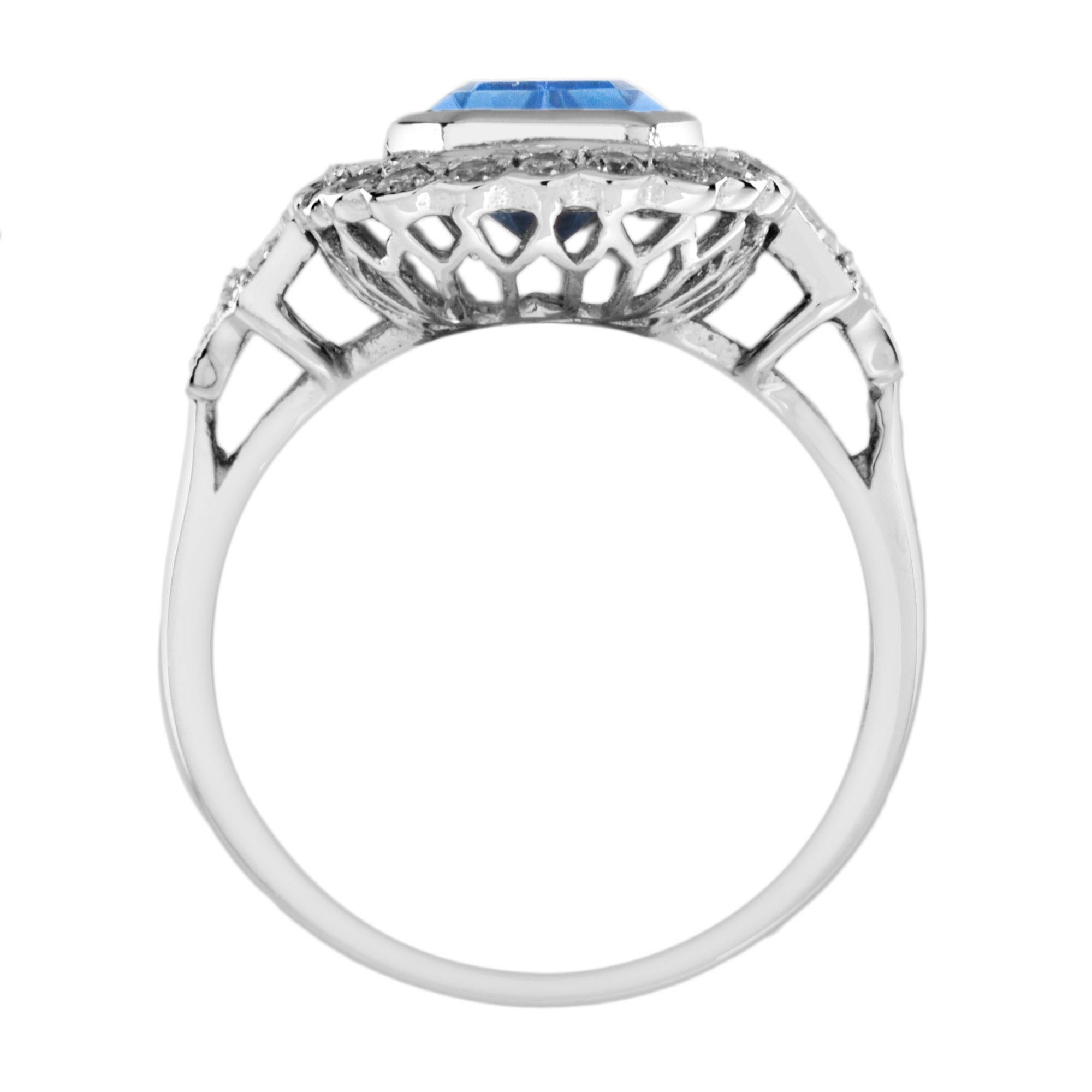Elongated Emerald Cut Blue Topaz & Diamond Halo Set 14K White Gold Ring im Zustand „Neu“ im Angebot in Oakton, VA