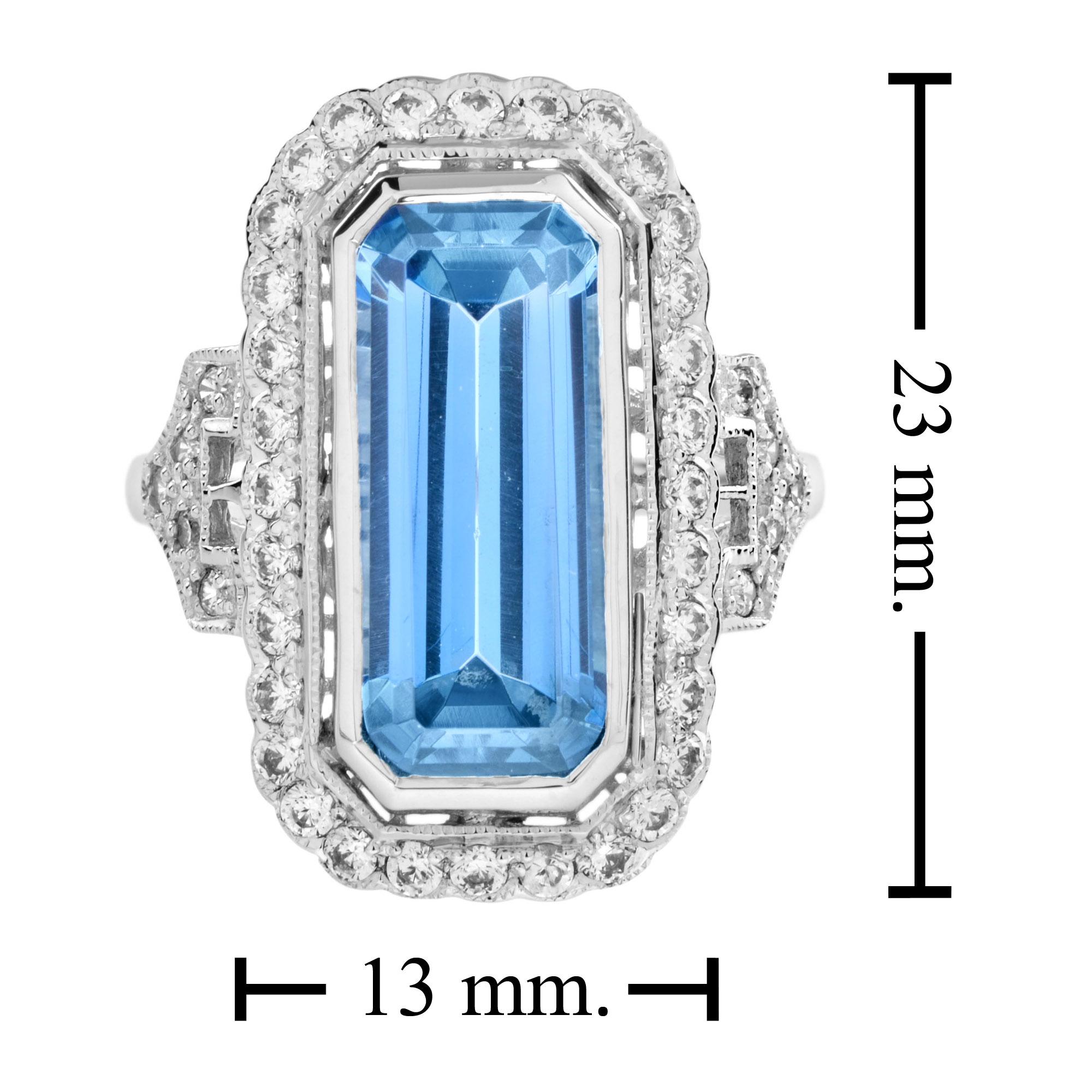 Elongated Emerald Cut Blue Topaz & Diamond Halo Set 14K White Gold Ring für Damen oder Herren im Angebot