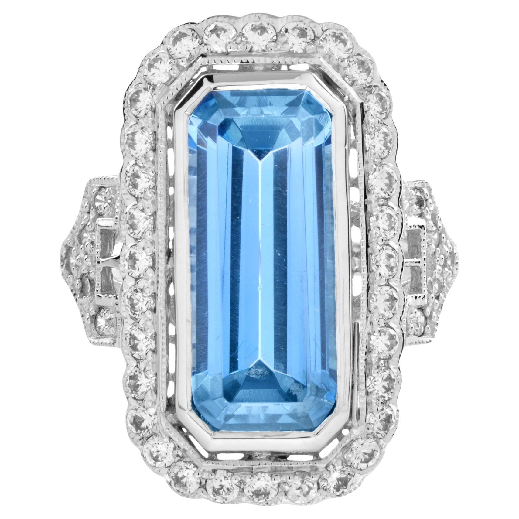 Elongated Emerald Cut Blue Topaz & Diamond Halo Set 14K White Gold Ring im Angebot